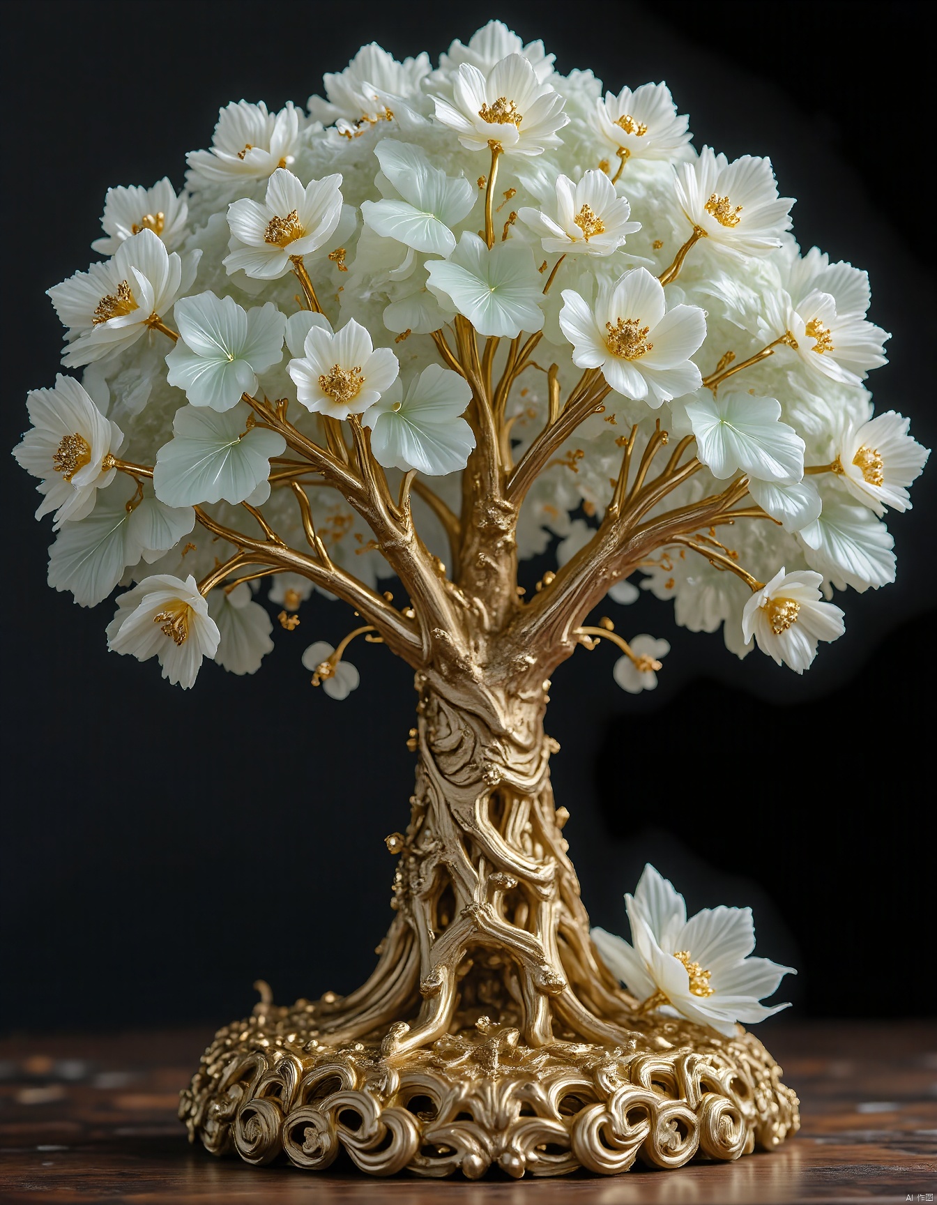 JXY, Capturing the essence of luxury and nature, a photograph of an ornate tree sculpture made of a combination of gold and jade. The trunk features intricate carvings and a realistic, textured design, while the canopy is a dense mass of vibrant jade leaves and pristine white flowers, each with golden stamens that add a touch of elegance. The background is a solid black, providing a stark yet sophisticated backdrop that highlights the tree's exquisite craftsmanship. The sculpture embodies the perfect blend of opulence and natural beauty, ideal for a high-end home decor setting or as a centerpiece of art.
