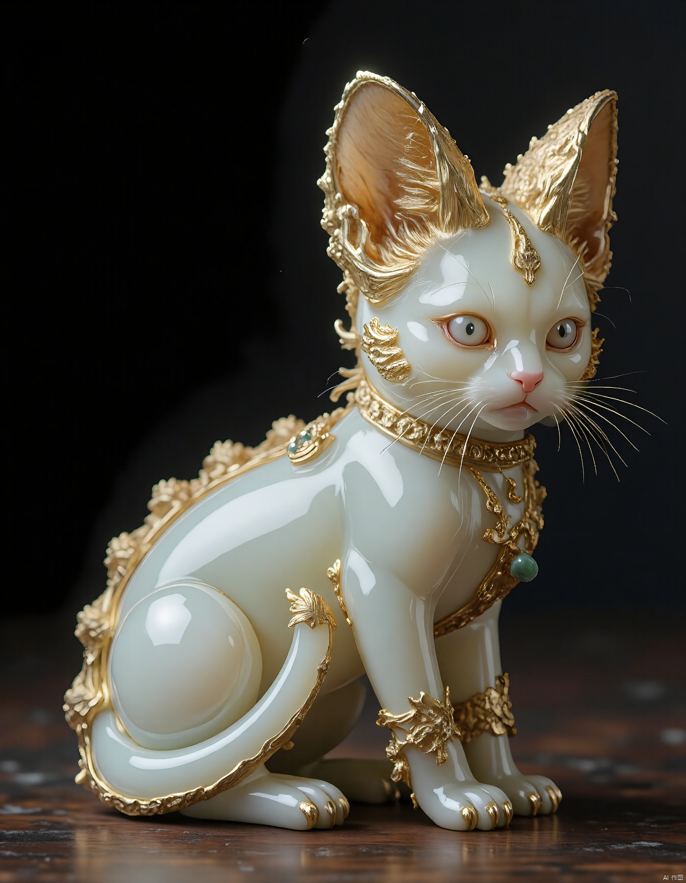 JXY, A meticulously crafted and lifelike photograph of a porcelain figurine of a cat, adorned with intricate carvings and a unique gold-and-jade finish. The cat sports a sleek, creamy white coat with elegant gold accents highlighting its ears, paws, and tail. Its eyes are wide and expressive, carrying a subtle hint of pink that adds to its charm. The figurine boasts a smooth, glossy porcelain surface, while the gold and jade accents lend it an air of sophistication. Set against a simple, sleek black background, the cat becomes the undisputed focal point. Posed in a serene sitting position with its front paws folded, the cat's tail curls gracefully around its body. The overall design exudes elegance and refinement, fitting perfectly into a high-end porcelain collection.
