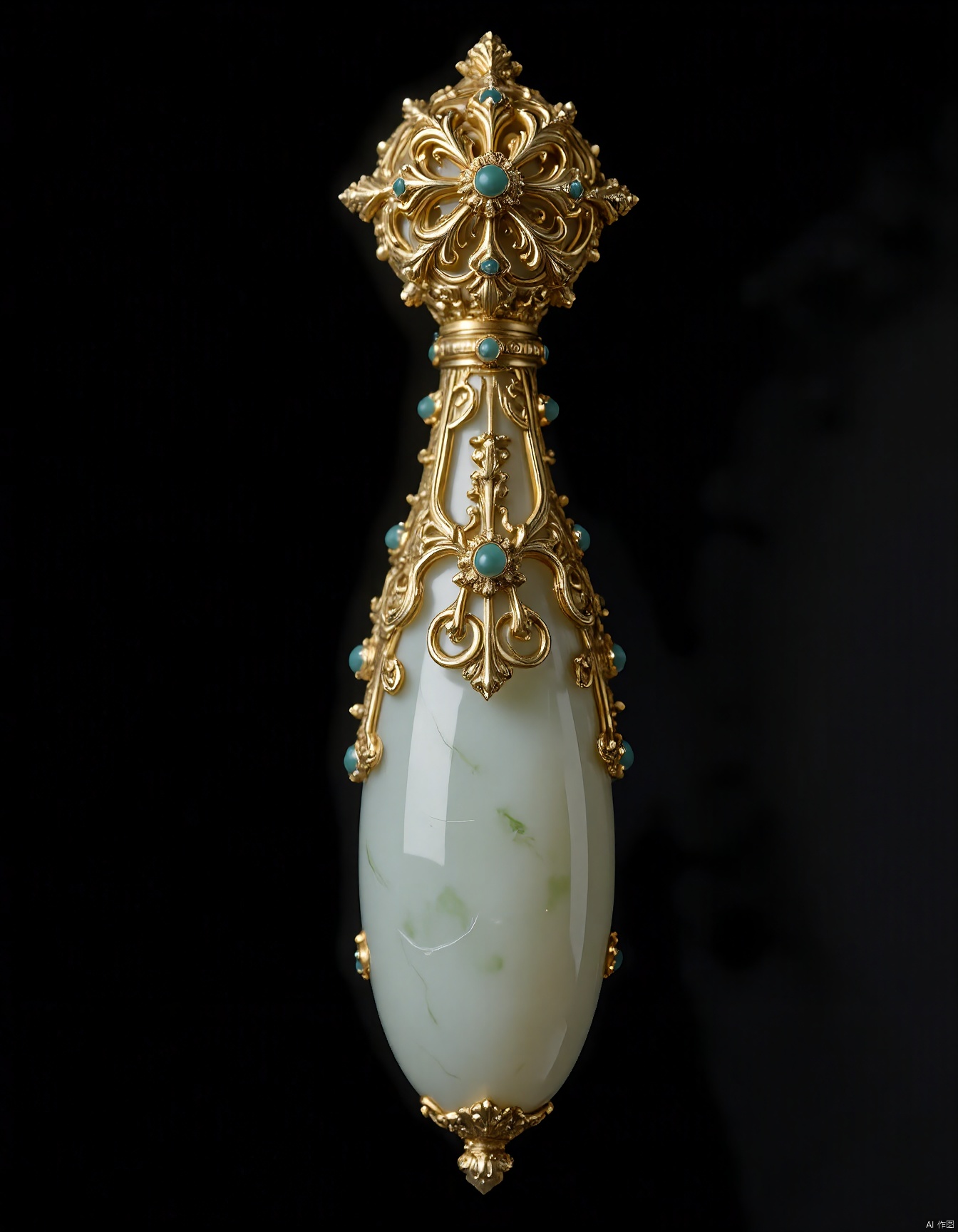 JXY, A photograph of an ornate decorative pendant, possibly a chandelier element, with an intricate gold-inlaid top and a substantial, smooth, jade-like bottom. The gold top showcases an elaborate, scrolling design encrusted with tiny, sparkling sapphire gemstones. The pendant exudes an air of sophistication and grandeur, blending luxury with a touch of vintage charm. The background is a plain black, drawing all attention to the pendant's exquisite craftsmanship.