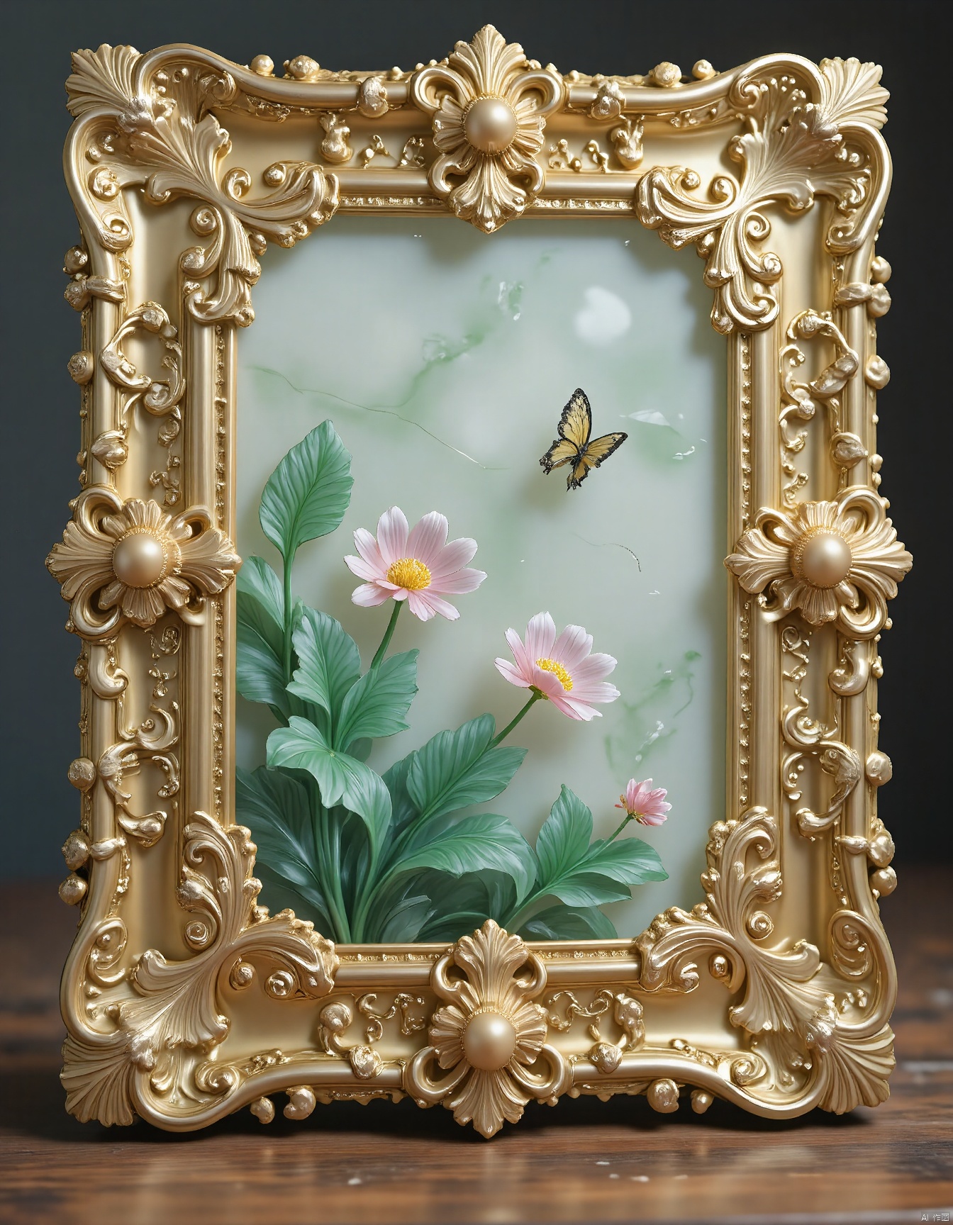 JXY, A meticulously crafted golden frame, enriched with intricate jade designs and boasting a high-gloss finish, encases a stunning jade relief. The relief depicts a lush garden scene, with blooming flowers, verdant vines, and fluttering butterflies. The details are intricate, with swirling lines that give a sense of life and movement. The jade is smooth and translucent, with a gentle, inner glow. The frame's design is inspired by nature, with flowing curves and a luxurious, organic feel. The overall aesthetic is serene and elegant, perfect for a tranquil setting.