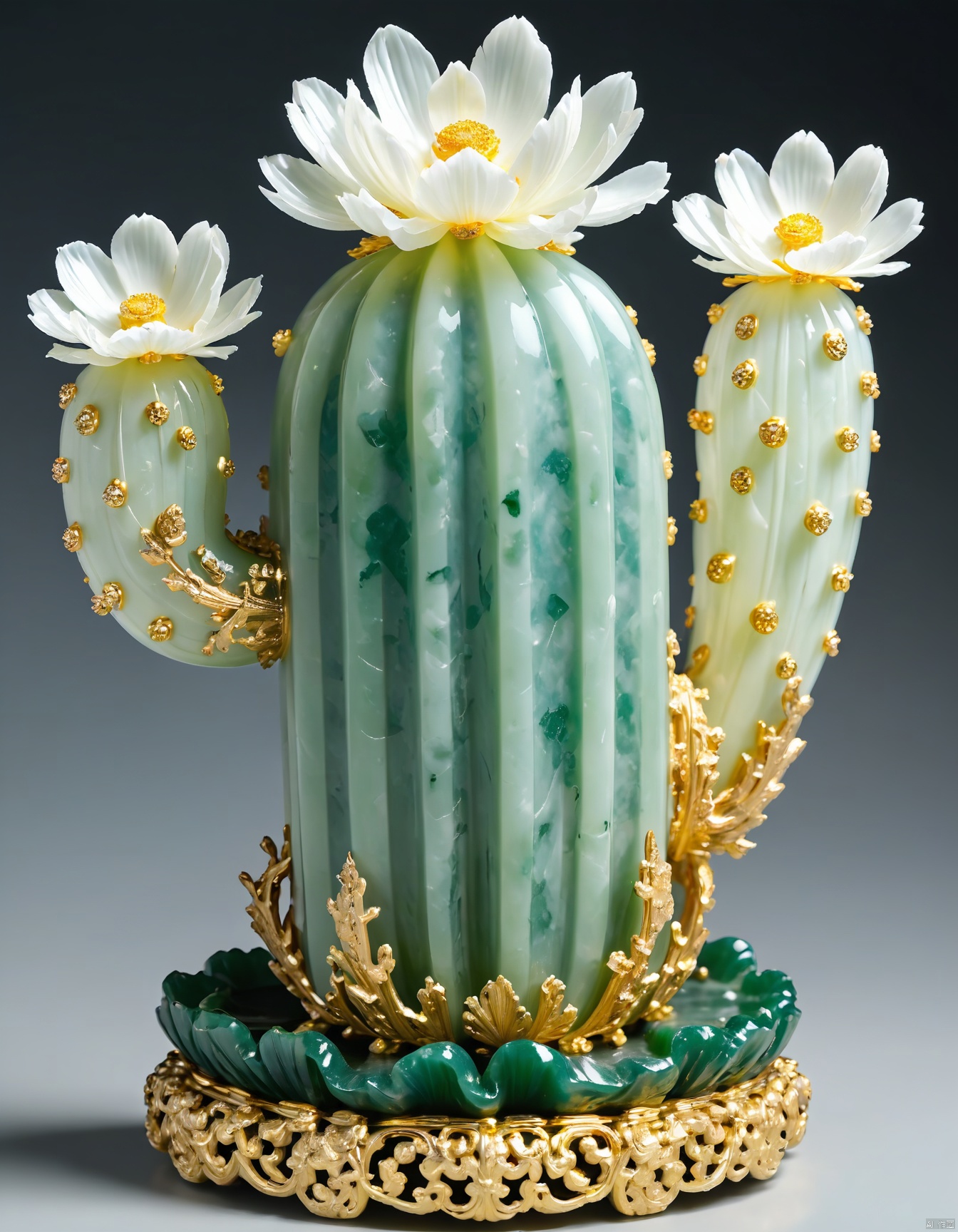 JXY, A photograph of an exquisite, ornate jade cactus sculpture resting on a gold-inlaid base, adorned with pristine white and creamy yellow flowers. The cactus stands tall and columnar, boasting a smooth, emerald-green surface that glimmers with a subtle luster. The flowers, lifelike and abundant, are strategically placed atop and around the cactus, some boasting golden yellow centers that add a touch of warmth. The gold base features intricate, floral designs and a delicate scalloped edge, enhancing the sculpture's sophistication. The background is a plain, deep black, allowing the jade cactus and its golden accents to shine in isolation.
