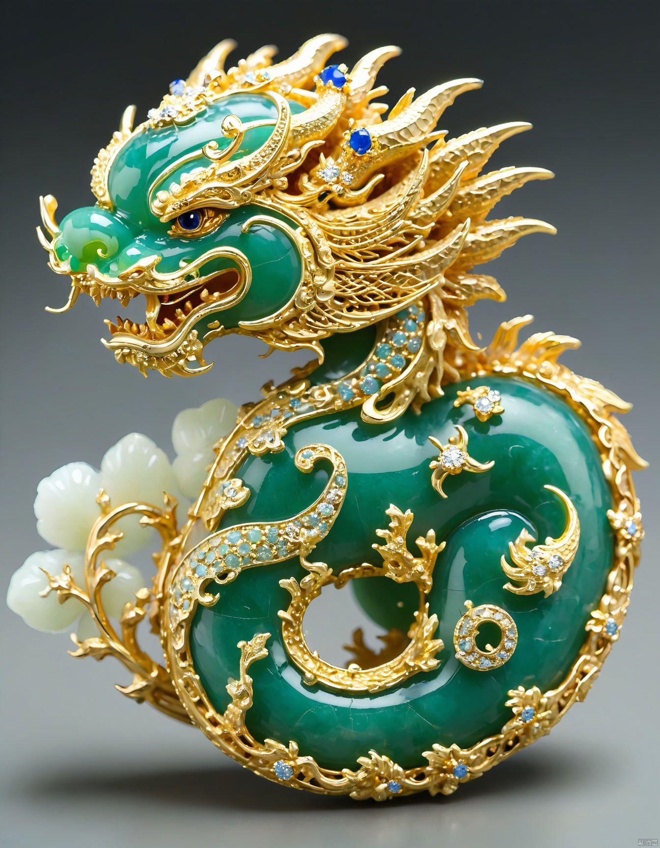 JXY, A stunning photograph of a luxurious gold and jade dragon brooch. The dragon, rendered in intricate gold, winds gracefully around a radiant, sapphire-blue gemstone at its center. The dragon's scales, adorned with tiny, shimmering diamonds, add a touch of grandeur and mystery. The jade accents, integrated seamlessly into the design, enhance the piece's natural beauty. Against a simple, sleek black background, the brooch's intricate design and high-quality materials steal the show. The overall style is a testament to vintage elegance and masterful craftsmanship.