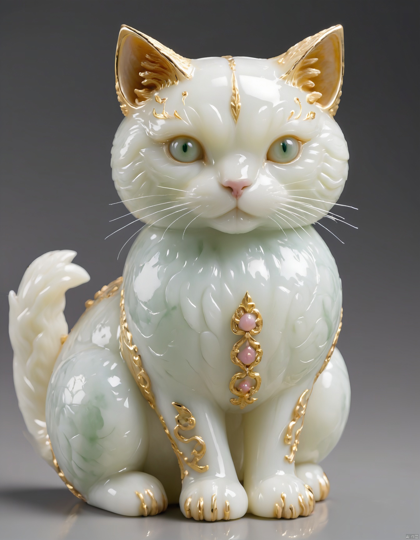 JXY, A meticulously crafted and lifelike photograph of a porcelain figurine of a cat, adorned with intricate carvings and a unique gold-and-jade finish. The cat sports a sleek, creamy white coat with elegant gold accents highlighting its ears, paws, and tail. Its eyes are wide and expressive, carrying a subtle hint of pink that adds to its charm. The figurine boasts a smooth, glossy porcelain surface, while the gold and jade accents lend it an air of sophistication. Set against a simple, sleek black background, the cat becomes the undisputed focal point. Posed in a serene sitting position with its front paws folded, the cat's tail curls gracefully around its body. The overall design exudes elegance and refinement, fitting perfectly into a high-end porcelain collection.