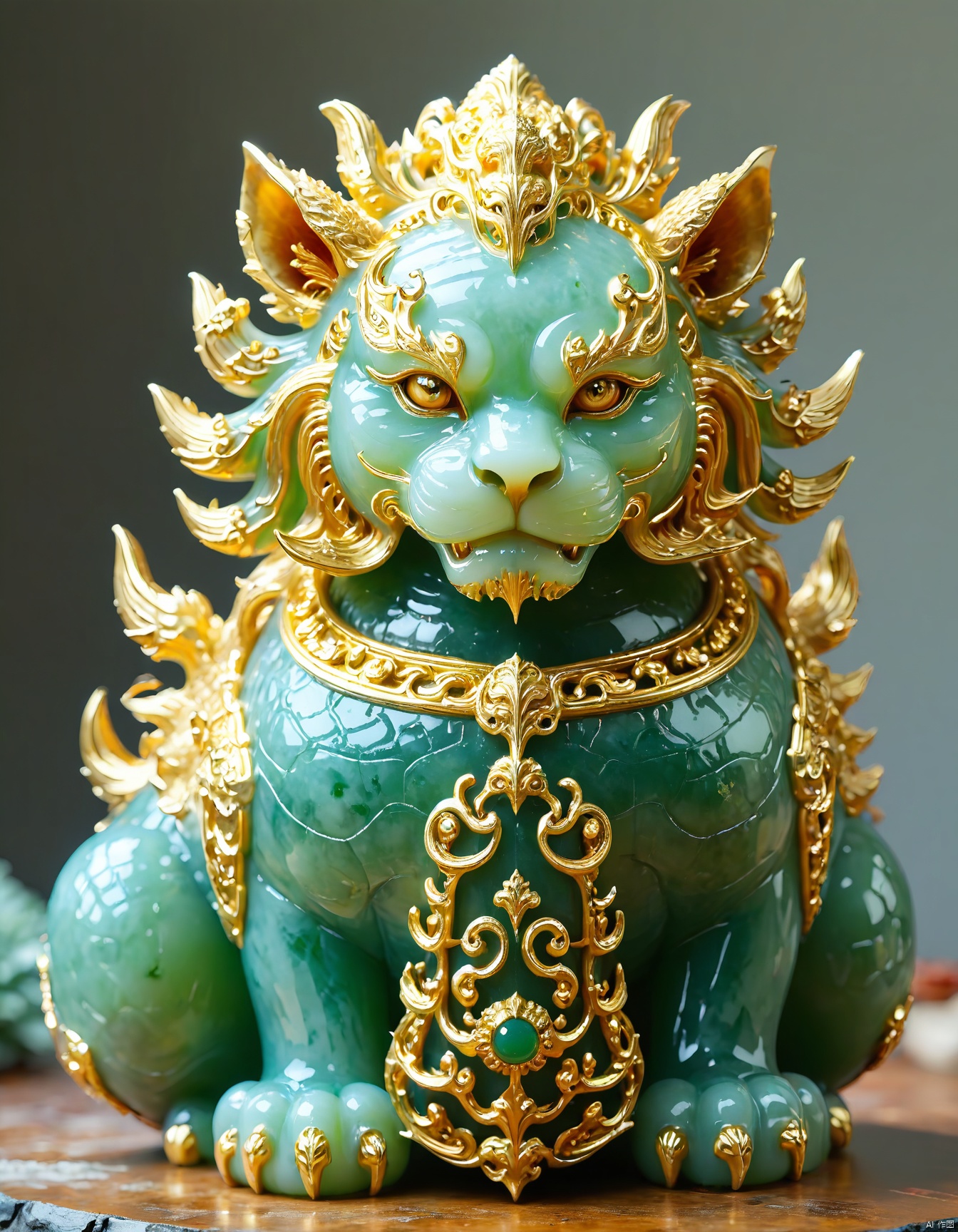 JXY, This photograph showcases a magnificent jade and gold lion statue, its body a lush, emerald-green hue enhanced by golden detailing. The lion's mane flows majestically, and its expression is one of fierce protection. Elaborate swirling patterns in gold cover its head, body, and mane, while its fur is rendered in a textured, realistic manner. Against a simple black background, the statue's craftsmanship and vibrant colors are beautifully displayed.