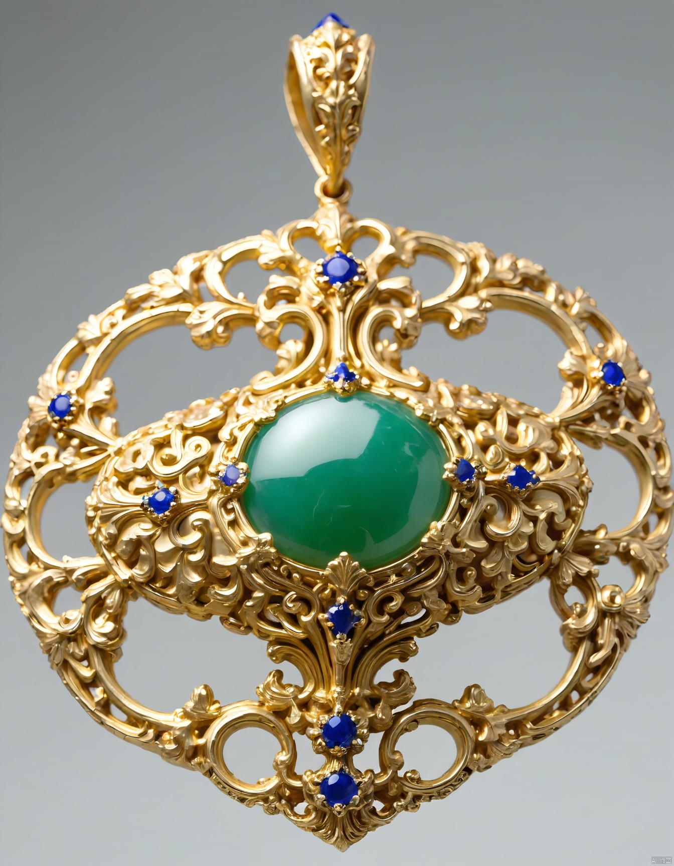 JXY, A photograph of an ornate decorative pendant, possibly a chandelier element, with an intricate gold-inlaid top and a substantial, smooth, jade-like bottom. The gold top showcases an elaborate, scrolling design encrusted with tiny, sparkling sapphire gemstones. The pendant exudes an air of sophistication and grandeur, blending luxury with a touch of vintage charm. The background is a plain black, drawing all attention to the pendant's exquisite craftsmanship.