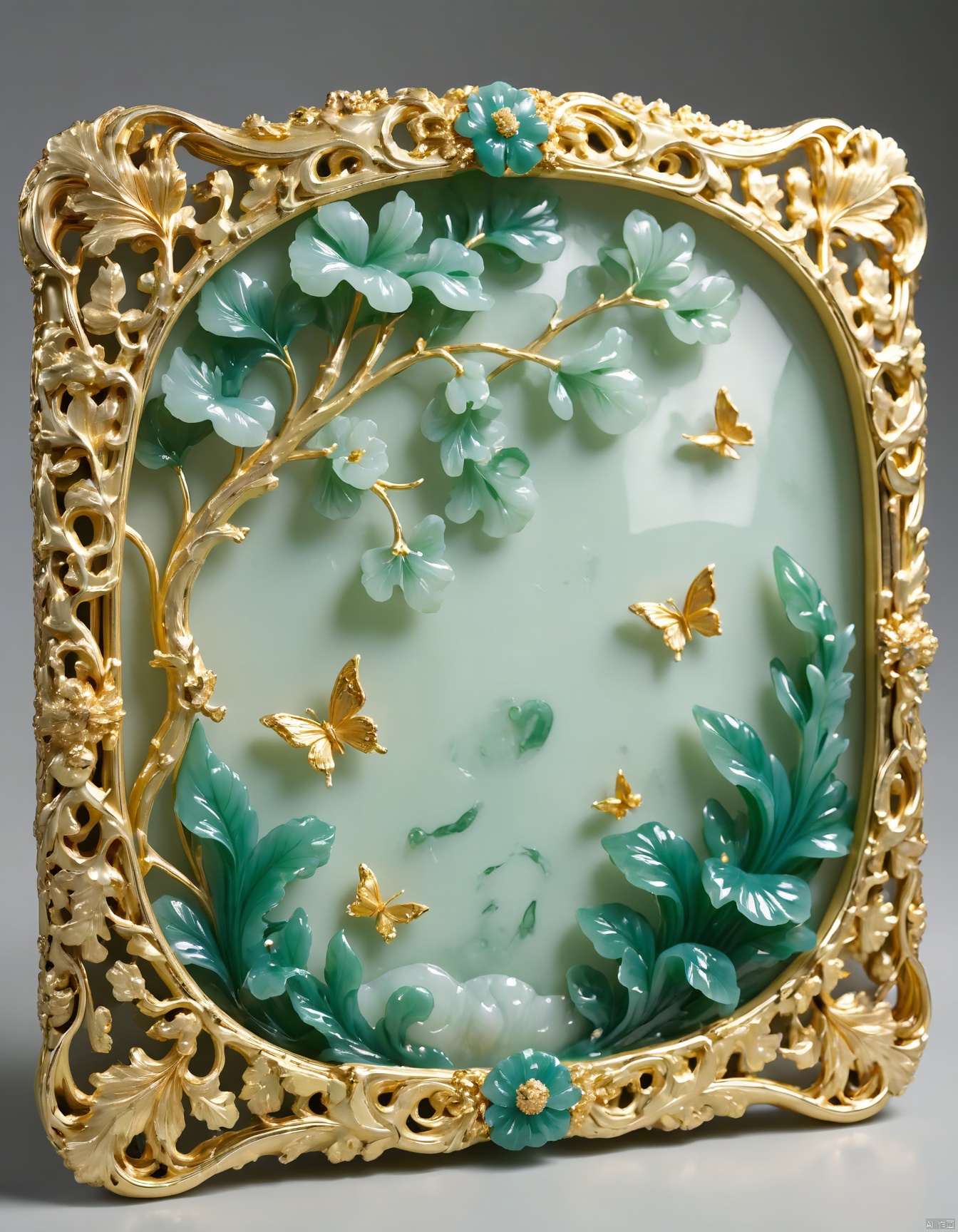 JXY, A meticulously crafted golden frame, enriched with intricate jade designs and boasting a high-gloss finish, encases a stunning jade relief. The relief depicts a lush garden scene, with blooming flowers, verdant vines, and fluttering butterflies. The details are intricate, with swirling lines that give a sense of life and movement. The jade is smooth and translucent, with a gentle, inner glow. The frame's design is inspired by nature, with flowing curves and a luxurious, organic feel. The overall aesthetic is serene and elegant, perfect for a tranquil setting.