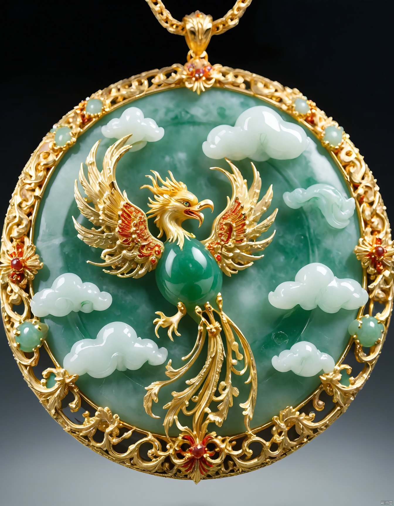 JXY, An image of a stunning gold-inlaid jade necklace, featuring a phoenix rising amidst clouds. The phoenix's feathers are meticulously detailed, with golden threads interwoven with the jade to create a sense of movement and life. The necklace's pendant hangs gracefully, swaying with a gentle motion. The background is a uniform, matte black, underscoring the grandeur and artistic merit of the necklace. The lighting is warm and inviting, accentuating the intricate patterns and the luminous quality of the jade. The overall composition marries ancient Chinese symbolism with modern jewelry styling.