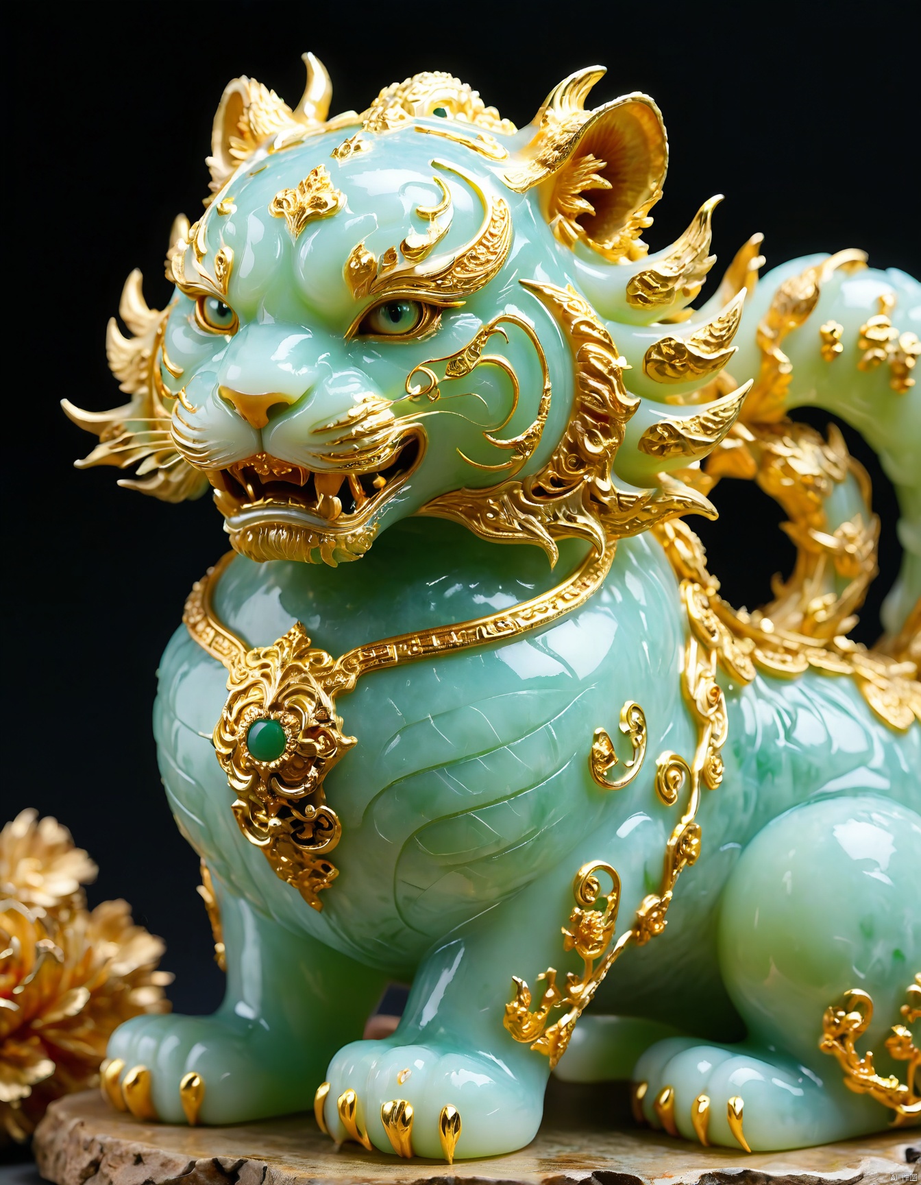 JXY, Capturing the essence of luxury, this photograph features an ornate jade and gold tiger statue, its body a radiant, jade-green hue accentuated by golden detailing. The tiger's eyes gleam with intensity, and its muscles ripple with power. Elaborate swirling patterns in gold cover its head, body, and tail, while its fur is rendered in a textured, realistic design. The statue stands out against a simple black background, its craftsmanship and vibrant colors beautifully highlighted.