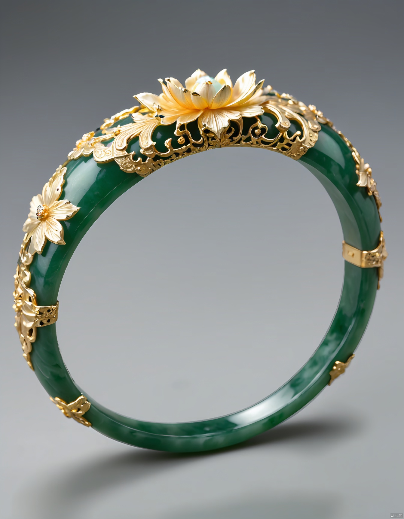 JXY, A depiction of a gold-inlaid jade bracelet, adorned with intricate lotus flowers and leaves. The jade is a deep, verdant green, contrasting beautifully with the golden accents. The bracelet's design is both delicate and robust, showcasing the harmony between hardness and softness. The background is a solid, unwavering black, emphasizing the luxury and elegance of the piece. The lighting is subtle yet effective, highlighting the intricate craftsmanship and the natural beauty of the jade. The overall aesthetic blends traditional Chinese jade carving with modern jewelry design.