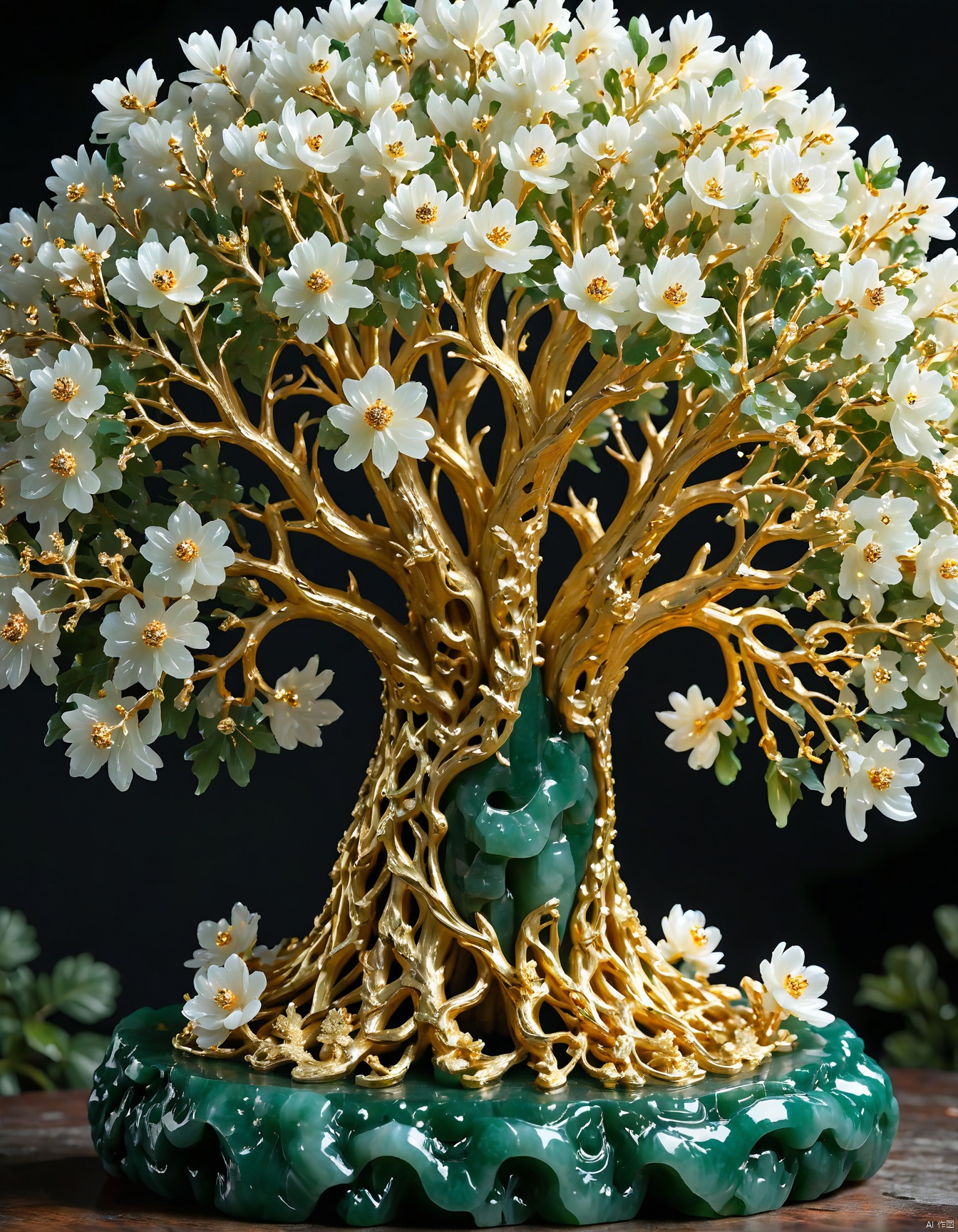 JXY, Capturing the essence of luxury and nature, a photograph of an ornate tree sculpture made of a combination of gold and jade. The trunk features intricate carvings and a realistic, textured design, while the canopy is a dense mass of vibrant jade leaves and pristine white flowers, each with golden stamens that add a touch of elegance. The background is a solid black, providing a stark yet sophisticated backdrop that highlights the tree's exquisite craftsmanship. The sculpture embodies the perfect blend of opulence and natural beauty, ideal for a high-end home decor setting or as a centerpiece of art.
