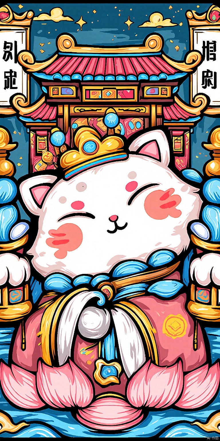 GCCH, A vibrant, colorful digital illustration of a cute, chubby white cat with a golden crown and red markings on its face, sitting on a throne made of pink and blue lotus petals. The cat has a joyful expression and is surrounded by ornate gold and blue decorations. The background features a traditional Chinese-style pagoda with a red roof and a night sky with stars. The image is framed by decorative elements and Chinese characters. The art style is whimsical and playful, with a fantasy theme.