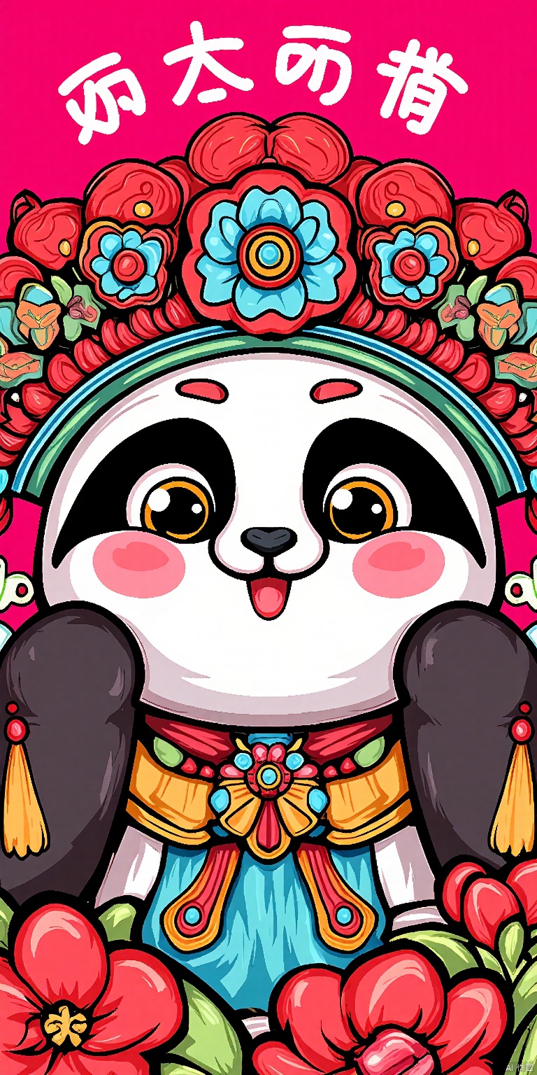 GCCH, A vibrant, colorful digital illustration featuring a cute, anthropomorphic panda with large, expressive eyes and a playful expression. The panda wears a traditional, ornate headdress adorned with red flowers, blue and red decorative elements, and intricate patterns. The background is a rich, bold pink. The panda's cheeks are blushed, and it has a small, red tongue sticking out. The overall style is whimsical and festive, reminiscent of Asian cultural motifs.