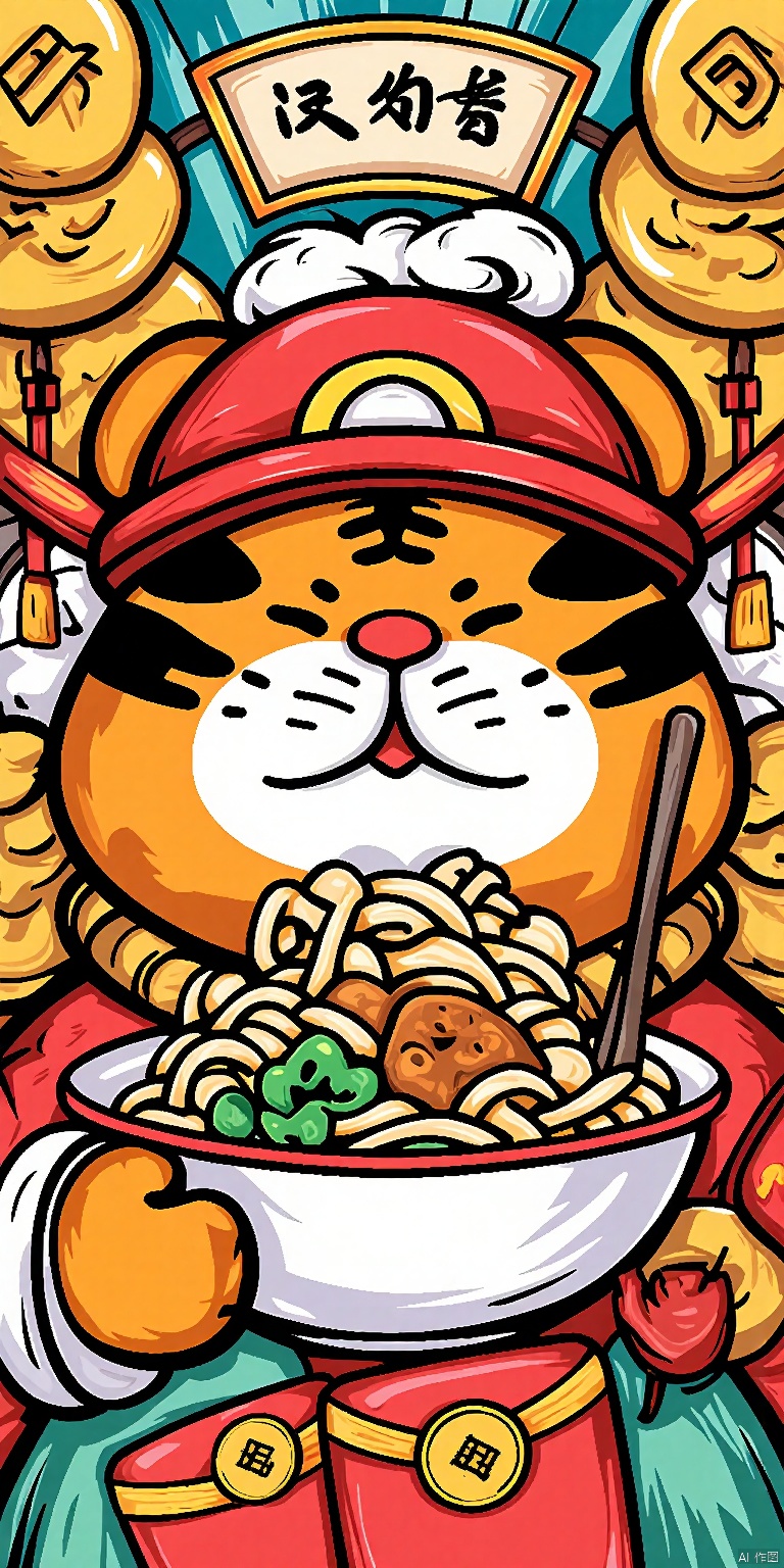 GCCH, Digital art of a chubby, cartoonish tiger wearing a red hat with a white pom-pom and a red jacket. The tiger is holding a plate of ramen noodles and green vegetables. The background is colorful with a Chinese New Year theme, featuring gold coins, red envelopes, and a banner with Chinese characters. The art style is vibrant and playful, with bold outlines and bright colors.