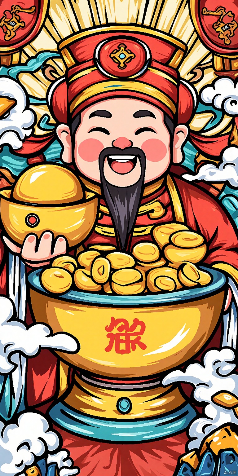 GCCH, A vibrant, digital illustration of a jolly Chinese New Year character, known as the "Chinese New Year God of Wealth," with a large, round belly, a long, flowing black beard, and a wide, cheerful smile. He wears a traditional red and gold robe with intricate patterns, and a matching hat adorned with a large, red button. The character is holding a golden bowl overflowing with gold coins and a golden ingot. His right hand is extended towards the viewer, offering the gold. The background is filled with swirling clouds and ornate red and gold patterns, enhancing the festive and prosperous theme.