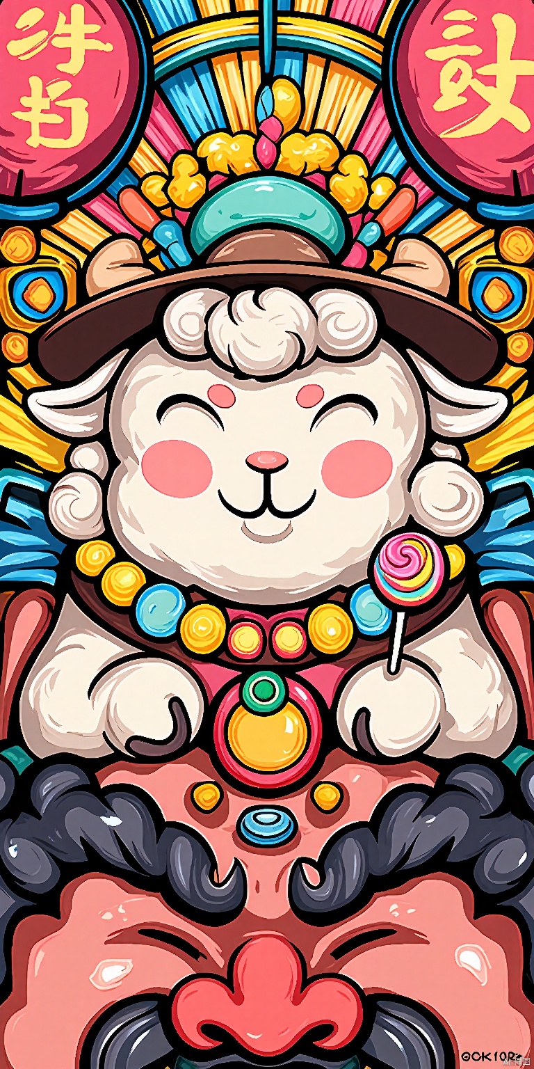 GCCH, A colorful, detailed digital illustration of a traditional Korean festival scene. A large, smiling sheep-like creature with curly white wool and a brown hat is the central figure, holding a lollipop. Surrounding it are various colorful, festive elements including a large, red, round face with exaggerated features, and traditional Korean lanterns. The background is filled with vibrant patterns and designs, creating a lively and festive atmosphere. The art style is whimsical and playful, with bold lines and bright colors.