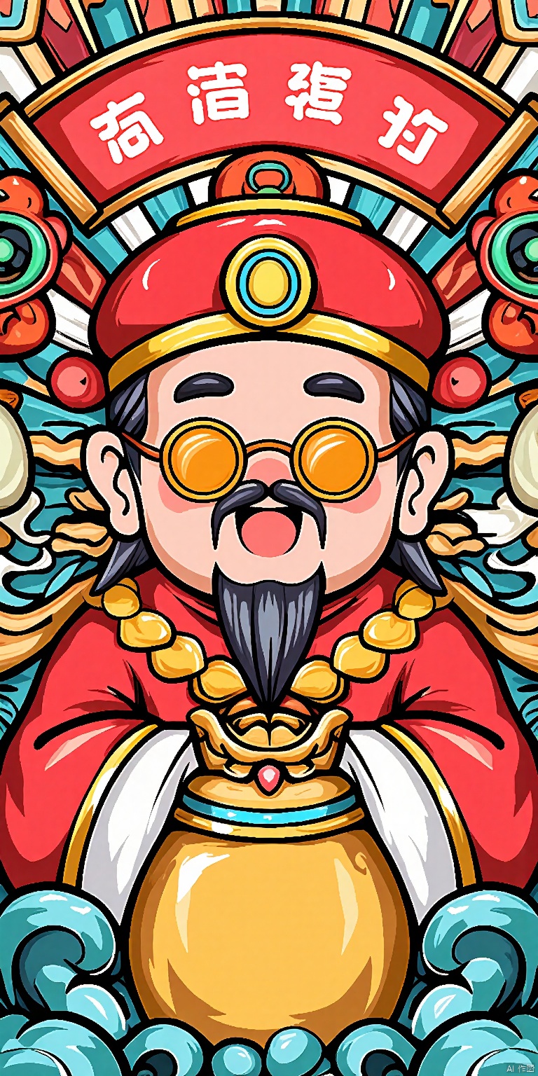 GCCH, A colorful, whimsical digital drawing of a chubby, smiling old man in traditional Chinese attire, holding a red flag with Chinese characters. He has a long white beard, round glasses, and a red hat with a golden ornament. The background features ornate patterns and symbols, with a large, gold, ornate object at the bottom. The style is reminiscent of traditional Chinese art with a modern, playful twist.