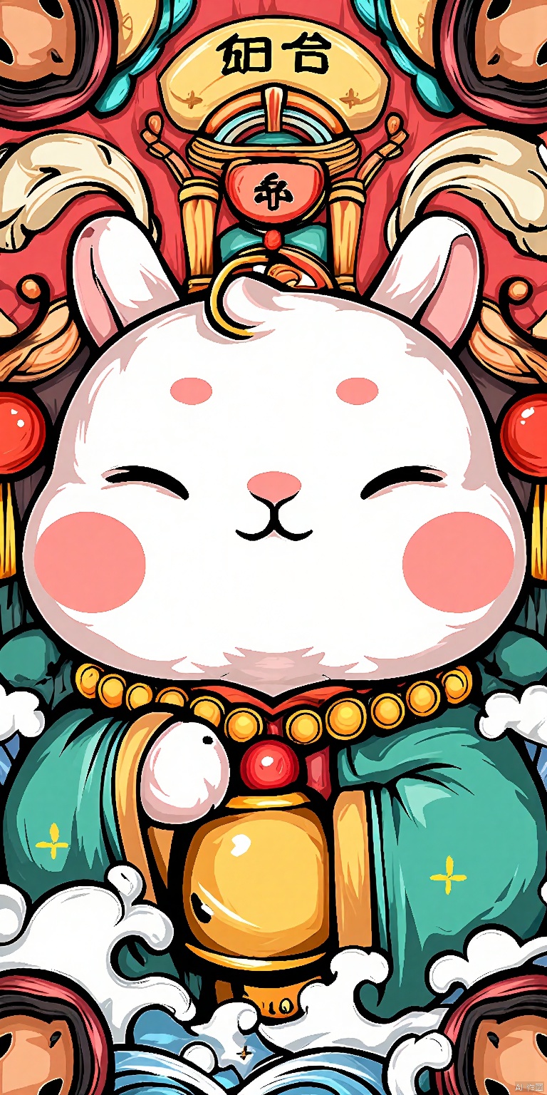 GCCH, A vibrant, detailed digital illustration of a chubby, white, anthropomorphic rabbit with closed eyes, adorned in a traditional Chinese outfit. The rabbit wears a green robe with red and gold accents, and has a large, golden bell around its neck with a red tassel. The background is filled with intricate, swirling patterns in red, gold, and white, creating a festive, celebratory atmosphere. The rabbit's expression is serene and content. The style is reminiscent of traditional Chinese art, with a modern digital twist.