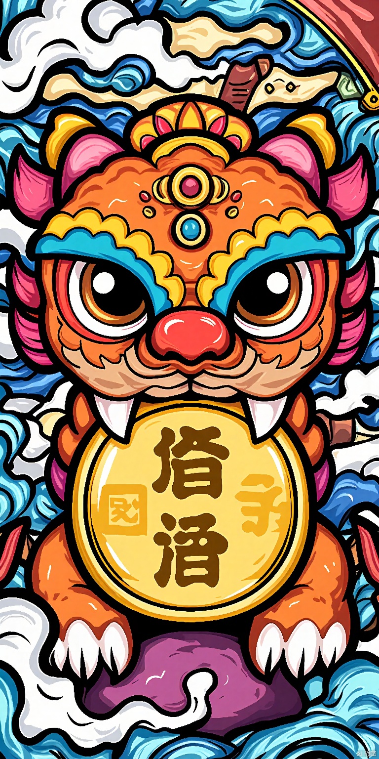 GCCH, A vibrant, detailed digital drawing of a Chinese dragon, featuring intricate patterns and bold colors. The dragon's head is adorned with red and gold decorations, including a prominent red gem at the center of its forehead. Its eyes are large and expressive, with a hint of mischief. The dragon's body is a mix of orange and yellow hues, with a prominent, round, gold coin-like structure in the center, featuring Chinese characters. The background is filled with swirling, cloud-like patterns in shades of blue and purple, giving the image a dynamic and energetic feel. The style is reminiscent of traditional Chinese art, with a modern digital twist.