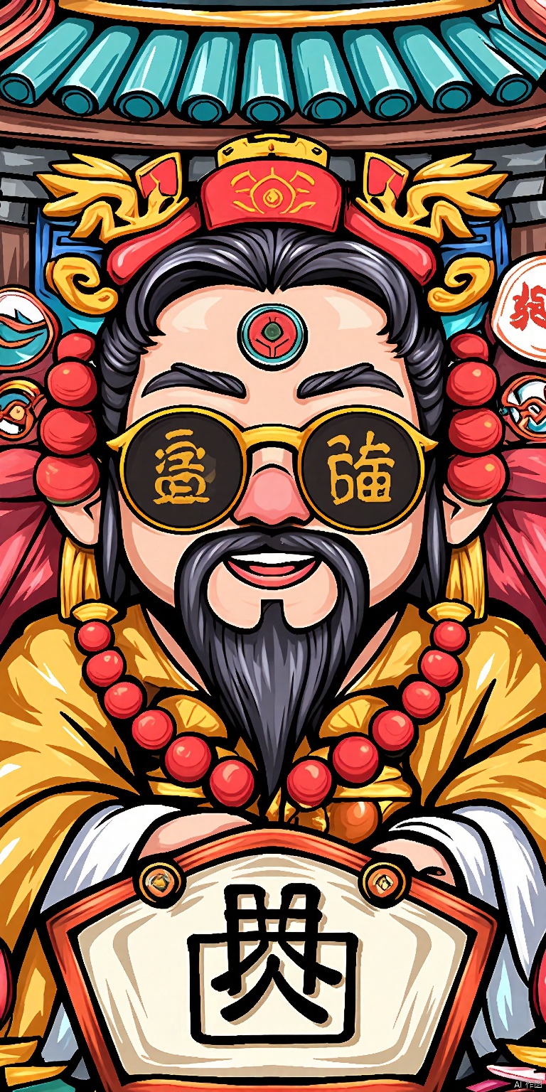 GCCH, A digital drawing of a traditional Japanese Shinto priest, with a large round head, wearing a red and gold headdress adorned with red beads and a golden crown. He has a thick black beard and wears round glasses with Japanese characters on them. The background is filled with vibrant, detailed elements including a blue and green tiled roof, red and gold decorations, and traditional Japanese symbols. The style is reminiscent of Japanese ukiyo-e art.