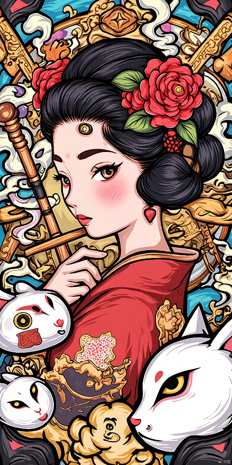 GCCH, Digital artwork in a traditional Japanese style, featuring a woman with long black hair styled in an updo with red and pink flowers. She is wearing a red kimono with floral patterns. Her expression is calm and serene. Surrounding her are various Japanese elements, including a white fox mask, a traditional Japanese instrument, and a sake bottle. The background is filled with swirling smoke and intricate patterns. The color palette is vibrant, with reds, blues, and golds. The artwork is highly detailed and richly textured.