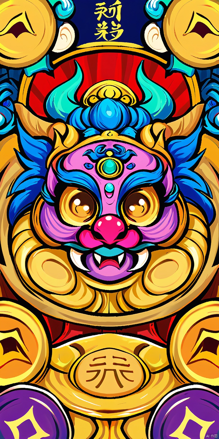 GCCH, A vibrant, detailed digital drawing of a Chinese dragon, featuring intricate patterns and bold colors. The dragon's head is adorned with red and gold decorations, including a prominent red gem at the center of its forehead. Its eyes are large and expressive, with a hint of mischief. The dragon's body is a mix of orange and yellow hues, with a prominent, round, gold coin-like structure in the center, featuring Chinese characters. The background is filled with swirling, cloud-like patterns in shades of blue and purple, giving the image a dynamic and energetic feel. The style is reminiscent of traditional Chinese art, with a modern digital twist.