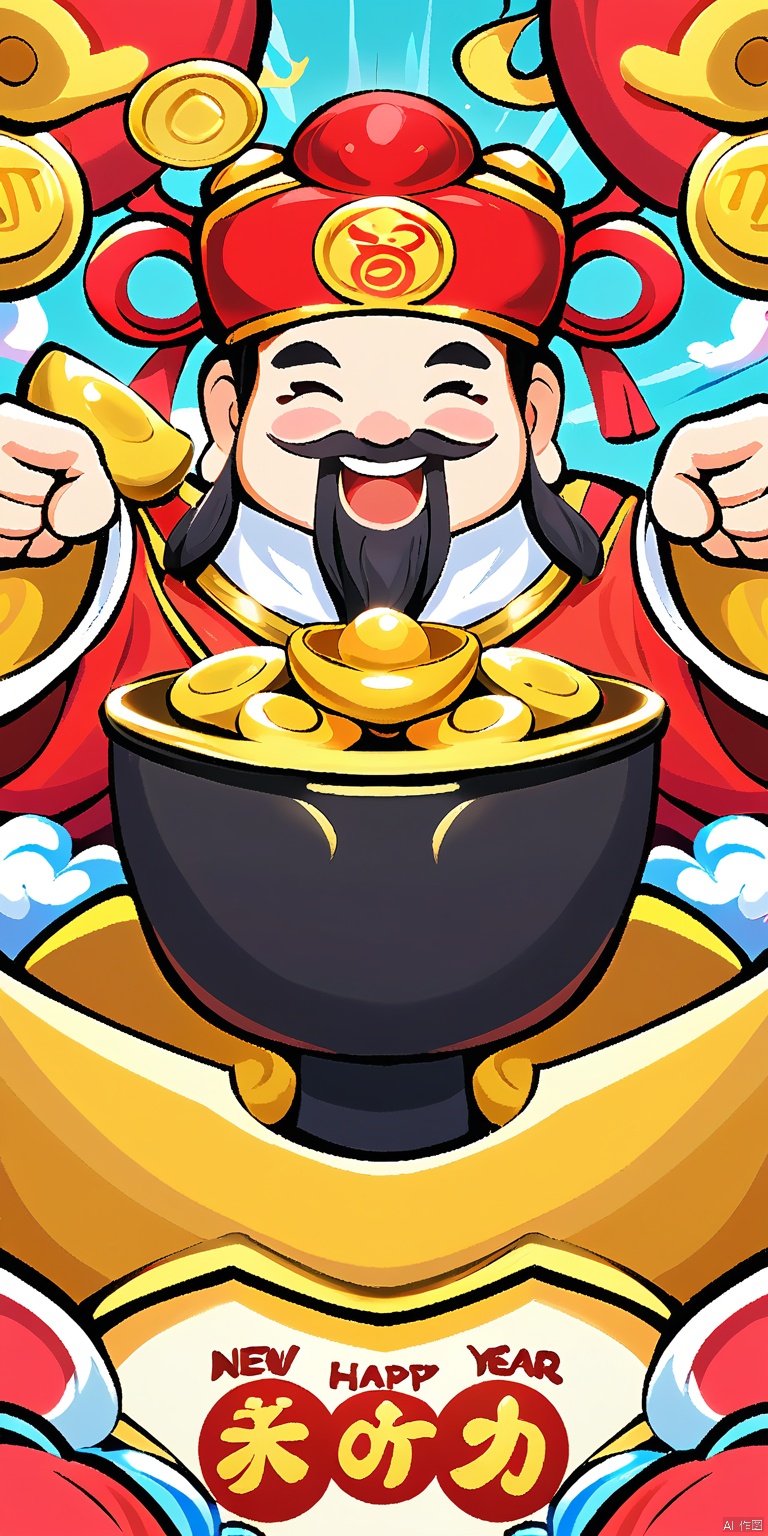 GCCH, A vibrant, digital illustration of a jolly Chinese New Year character, known as the "Chinese New Year God of Wealth," with a large, round belly, a long, flowing black beard, and a wide, cheerful smile. He wears a traditional red and gold robe with intricate patterns, and a matching hat adorned with a large, red button. The character is holding a golden bowl overflowing with gold coins and a golden ingot. His right hand is extended towards the viewer, offering the gold. The background is filled with swirling clouds and ornate red and gold patterns, enhancing the festive and prosperous theme.
d and richly textured.