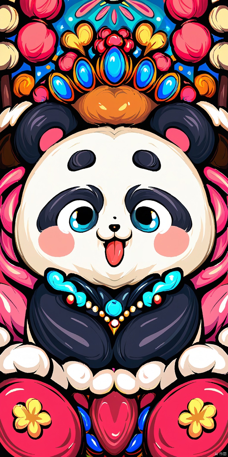 GCCH, A vibrant, colorful digital illustration featuring a cute, anthropomorphic panda with large, expressive eyes and a playful expression. The panda wears a traditional, ornate headdress adorned with red flowers, blue and red decorative elements, and intricate patterns. The background is a rich, bold pink. The panda's cheeks are blushed, and it has a small, red tongue sticking out. The overall style is whimsical and festive, reminiscent of Asian cultural motifs.