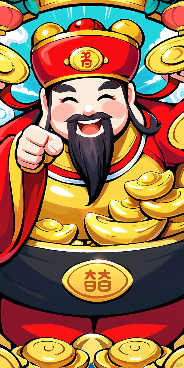 GCCH, A vibrant, digital illustration of a jolly Chinese New Year character, known as the "Chinese New Year God of Wealth," with a large, round belly, a long, flowing black beard, and a wide, cheerful smile. He wears a traditional red and gold robe with intricate patterns, and a matching hat adorned with a large, red button. The character is holding a golden bowl overflowing with gold coins and a golden ingot. His right hand is extended towards the viewer, offering the gold. The background is filled with swirling clouds and ornate red and gold patterns, enhancing the festive and prosperous theme.