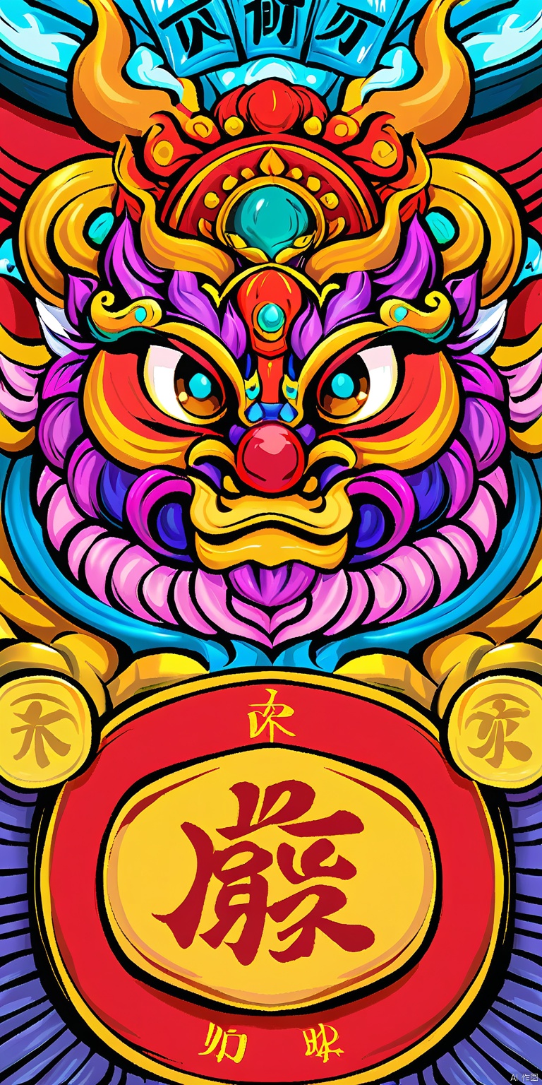 GCCH, A vibrant, detailed digital drawing of a Chinese dragon, featuring intricate patterns and bold colors. The dragon's head is adorned with red and gold decorations, including a prominent red gem at the center of its forehead. Its eyes are large and expressive, with a hint of mischief. The dragon's body is a mix of orange and yellow hues, with a prominent, round, gold coin-like structure in the center, featuring Chinese characters. The background is filled with swirling, cloud-like patterns in shades of blue and purple, giving the image a dynamic and energetic feel. The style is reminiscent of traditional Chinese art, with a modern digital twist.