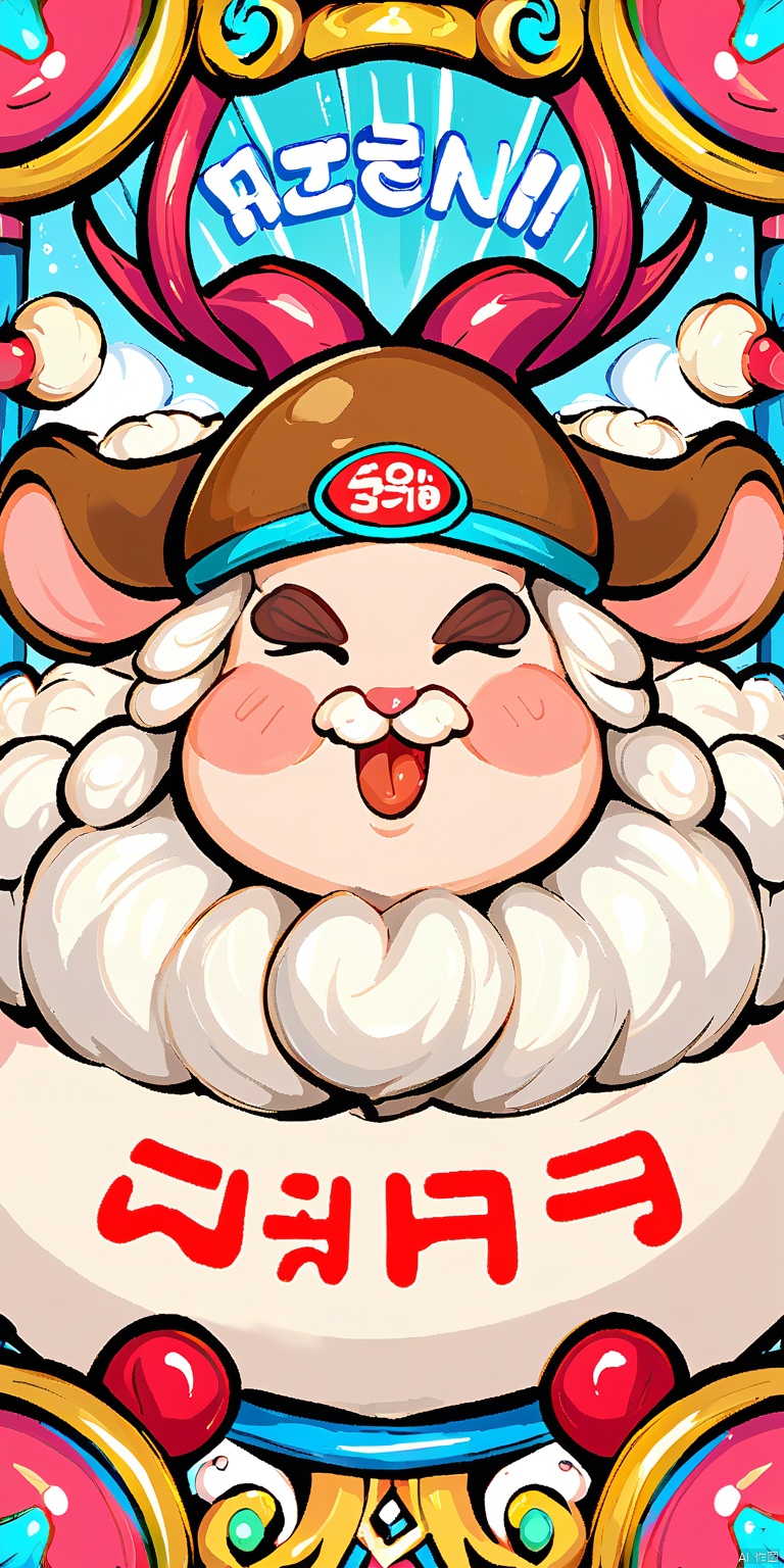 GCCH, A colorful, detailed digital illustration of a traditional Korean festival scene. A large, smiling sheep-like creature with curly white wool and a brown hat is the central figure, holding a lollipop. Surrounding it are various colorful, festive elements including a large, red, round face with exaggerated features, and traditional Korean lanterns. The background is filled with vibrant patterns and designs, creating a lively and festive atmosphere. The art style is whimsical and playful, with bold lines and bright colors.
