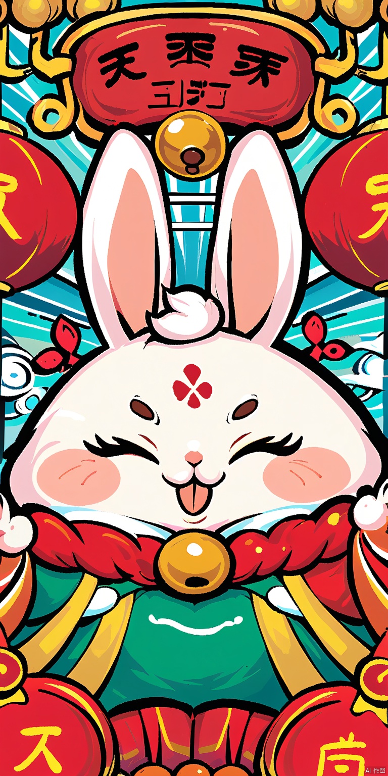 GCCH, A vibrant, detailed digital illustration of a chubby, white, anthropomorphic rabbit with closed eyes, adorned in a traditional Chinese outfit. The rabbit wears a green robe with red and gold accents, and has a large, golden bell around its neck with a red tassel. The background is filled with intricate, swirling patterns in red, gold, and white, creating a festive, celebratory atmosphere. The rabbit's expression is serene and content. The style is reminiscent of traditional Chinese art, with a modern digital twist.