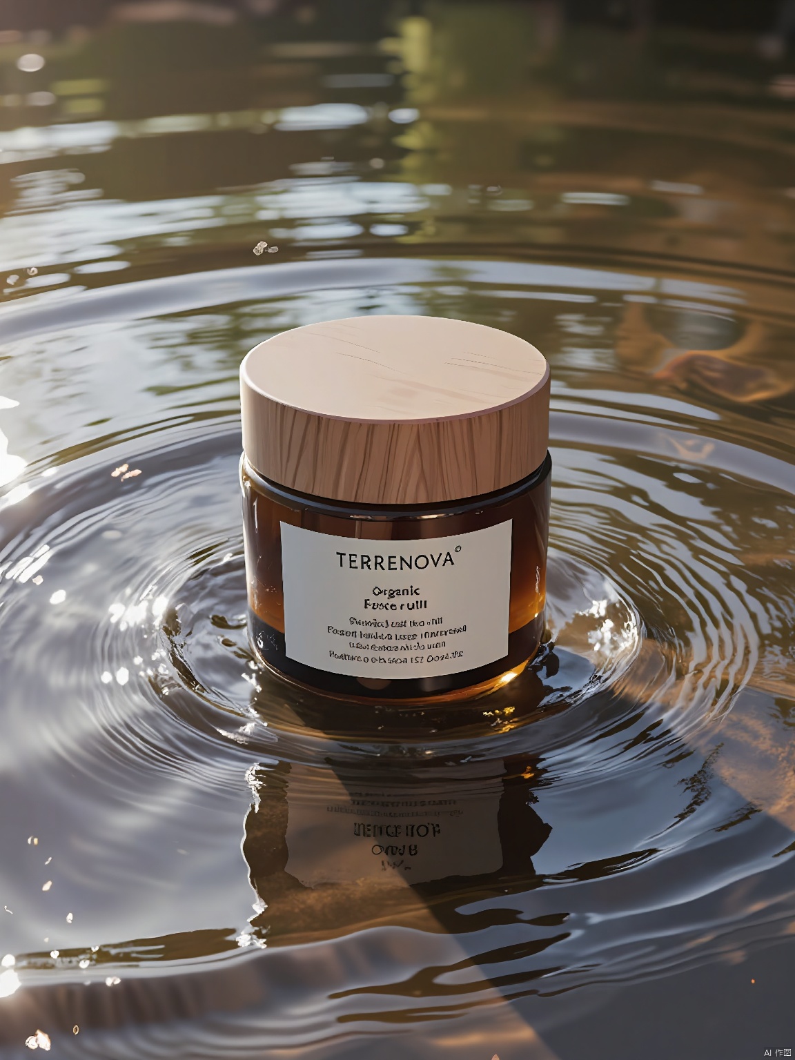 SZCJ,A jar of TERRENOVA organic face oil sits on a surface of rippling water,its wooden lid and earthy tones blending with nature. The label,in English and Danish,details the product's natural ingredients. The water's reflections embrace the jar's wholesome essence.,