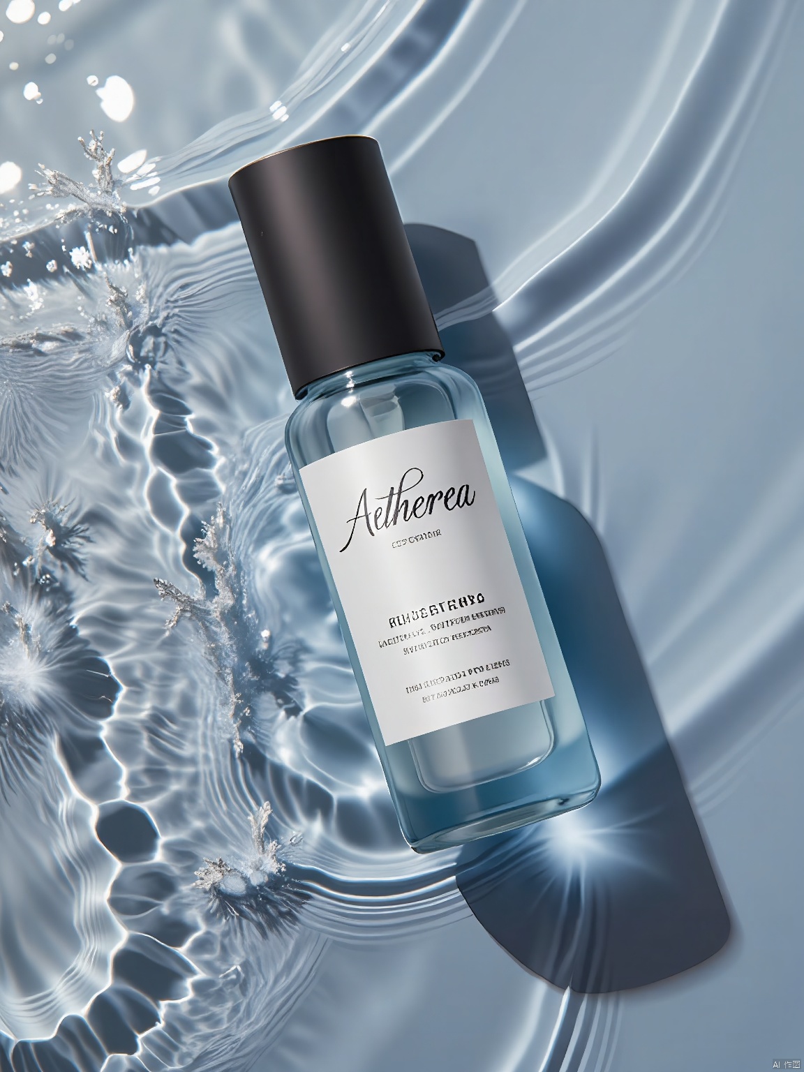SZCJ,A vial of AETHEREA essence floats serenely on a bed of undulating waves,its glass body catching and refracting light in every direction. The label,with its elegant script and bilingual text (English and Lithuanian),promises an ethereal skin experience. The water's reflective quality amplifies the vial's charm.,