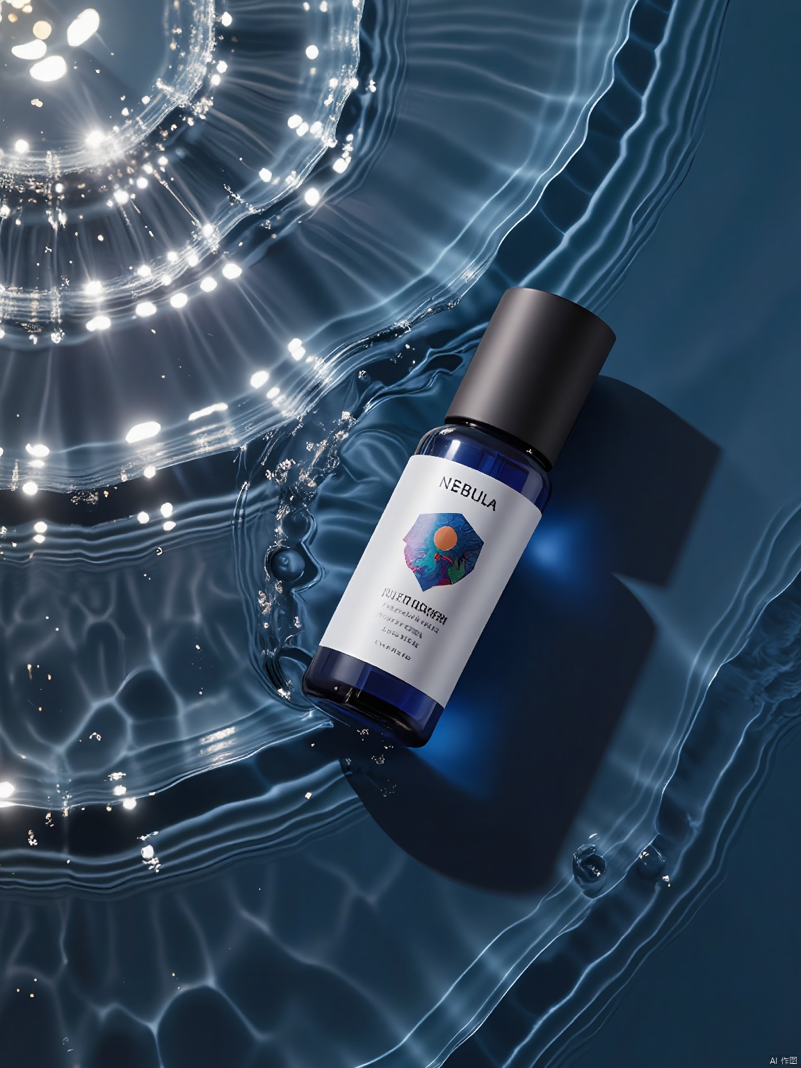 SZCJ,A vial of NEBULA elixir rests on a tranquil stretch of water,its glass body refracting light in mesmerizing patterns. The label,with its cosmic design and bilingual text (English and Romanian),evokes a sense of wonder. The water's realistic sheen adds to the vial's enchanting charm.,