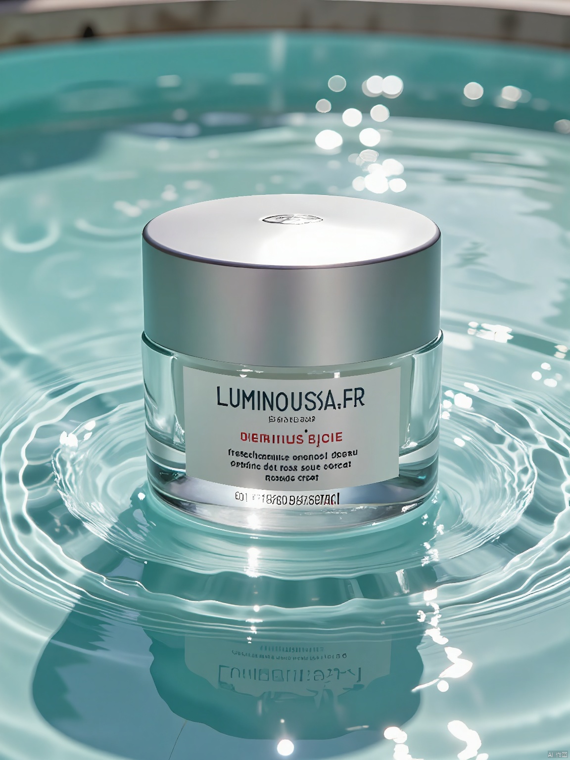 SZCJ,A jar of LUMINOUSAUR skin rejuvenating cream rests atop a serene water surface,its glass body shimmering against the liquid's gentle ripples. The jar sports a sleek silver lid and a transparent base revealing the creamy texture within. The label,in both French and Spanish,boasts of the product's anti-aging properties,standing out against the reflective water.,
