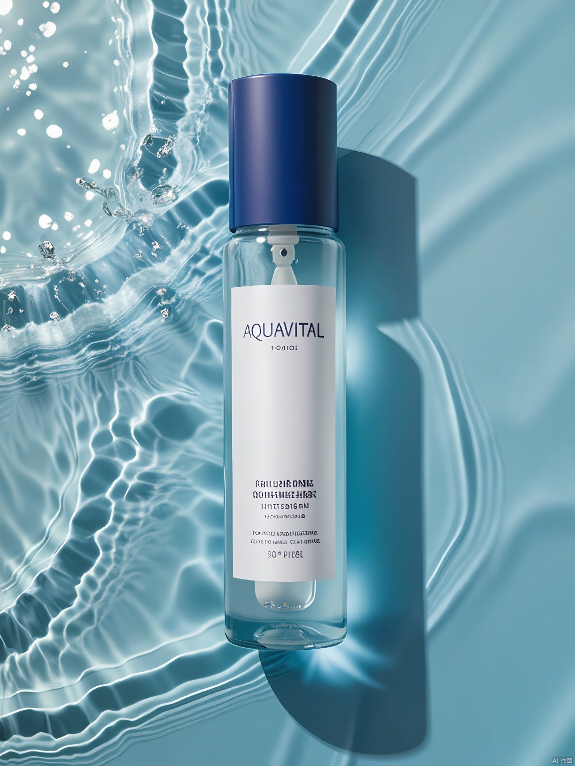 SZCJ,A flask of AQUAVITAL hydration spray sits perched on undulating waters,its transparent form capturing light in every curve. The minimalist design,with a blue cap and white lettering,highlights the product's purity. The bilingual label (English and Italian) extols its ability to rejuvenate skin instantly. The water beneath mirrors the flask's elegance.,