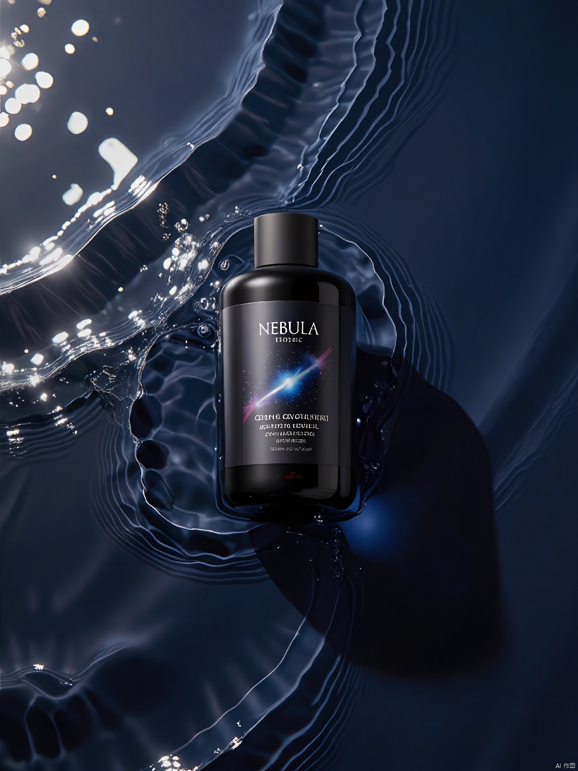 SZCJ,A flask of NEBULA night cream floats serenely on a liquid canvas,its dark glass body absorbing and reflecting light. The label,with its cosmic design and bilingual text (English and Russian),hints at the product's rejuvenating powers. The water beneath mimics the night sky's depth.,