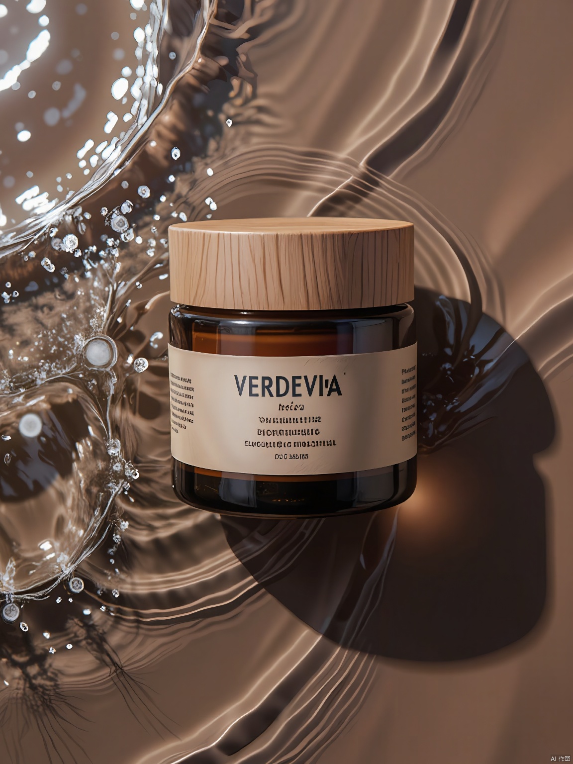 SZCJ,A jar of VERDEVIA natural moisturizer rests on waters that seem alive with movement,its earthy tones blending seamlessly with the environment. The wooden lid and rustic label,featuring text in English and Polish,evoke a sense of simplicity and purity. The water's realistic reflections play off the jar's organic shape.,