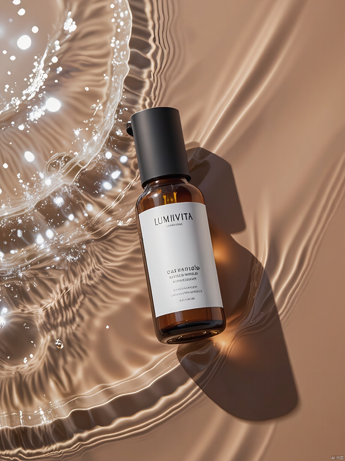 SZCJ,A vial of LUMIVITA vitamin C serum sparkles on waters kissed by sunlight,its amber glass protecting the delicate formula within. The label,with its minimalist design and text in English and Swedish,promises a radiant complexion. The water's sheen mirrors the vial's radiant glow.,