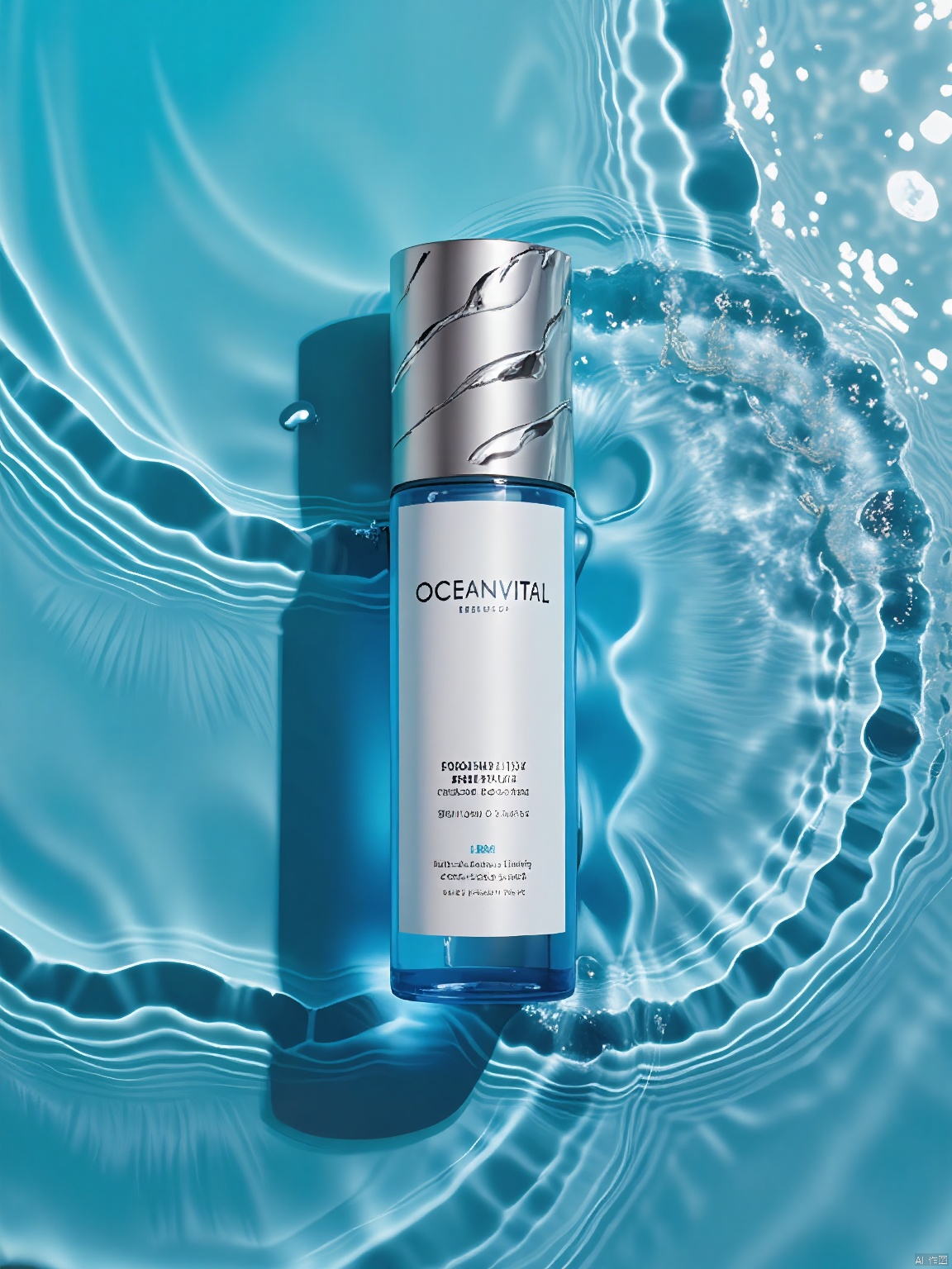 SZCJ,A bottle of OCEANVITAL marine collagen serum is perched on waters that mirror its own azure hues. The sleek design,with a wave-patterned cap and label in English and Norwegian,underscores its oceanic origins. The water's reflective surface amplifies the bottle's sophisticated design.,