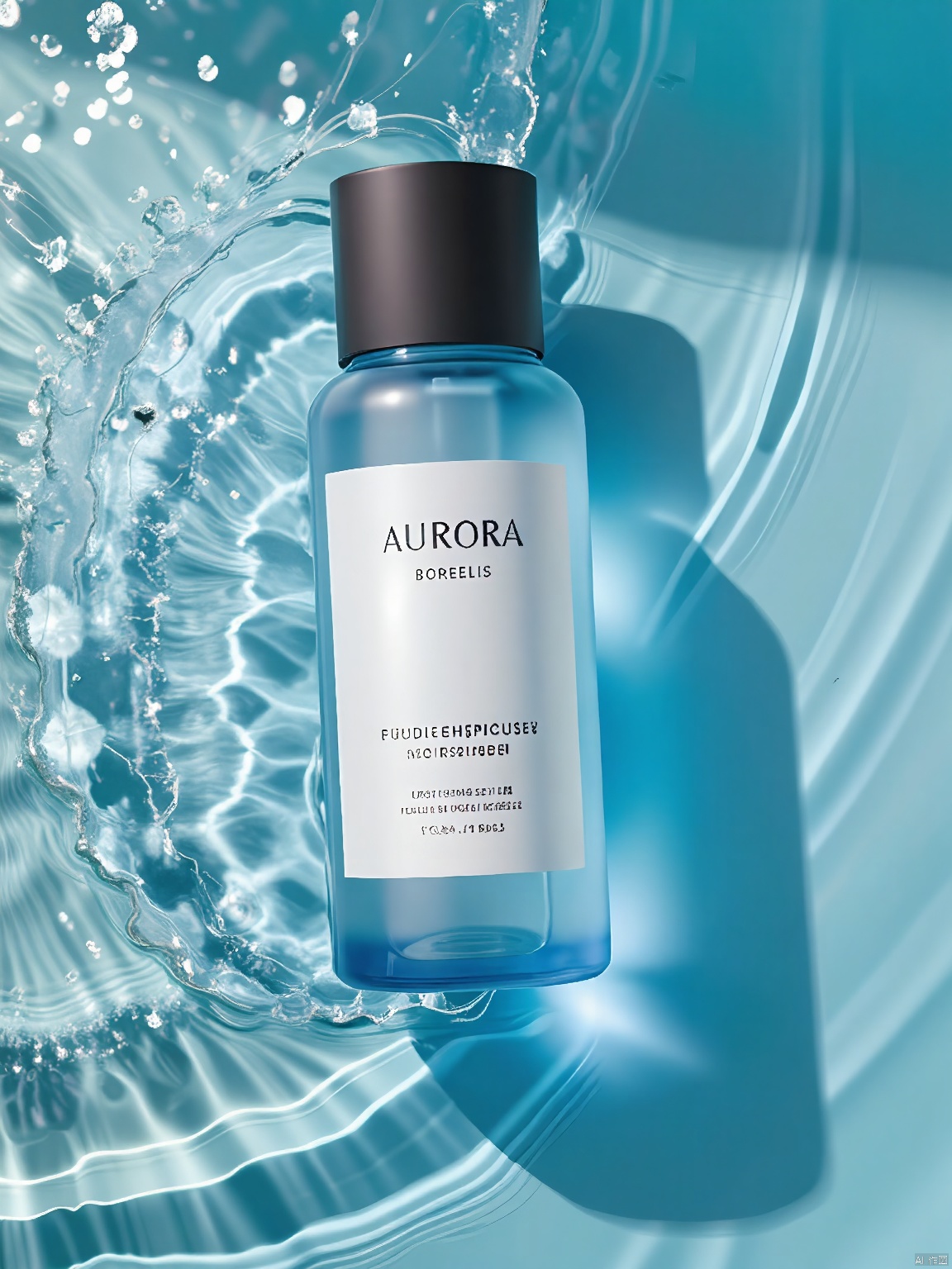 SZCJ,A flask of AURORA borealis moisturizer floats on a pool of water that seems to hum with life,its icy blue hue complementing the product's-inspired design. The bilingual label (English and Finnish) promises a cooling,refreshing experience. The water's shine enhances the flask's enchanting appeal,