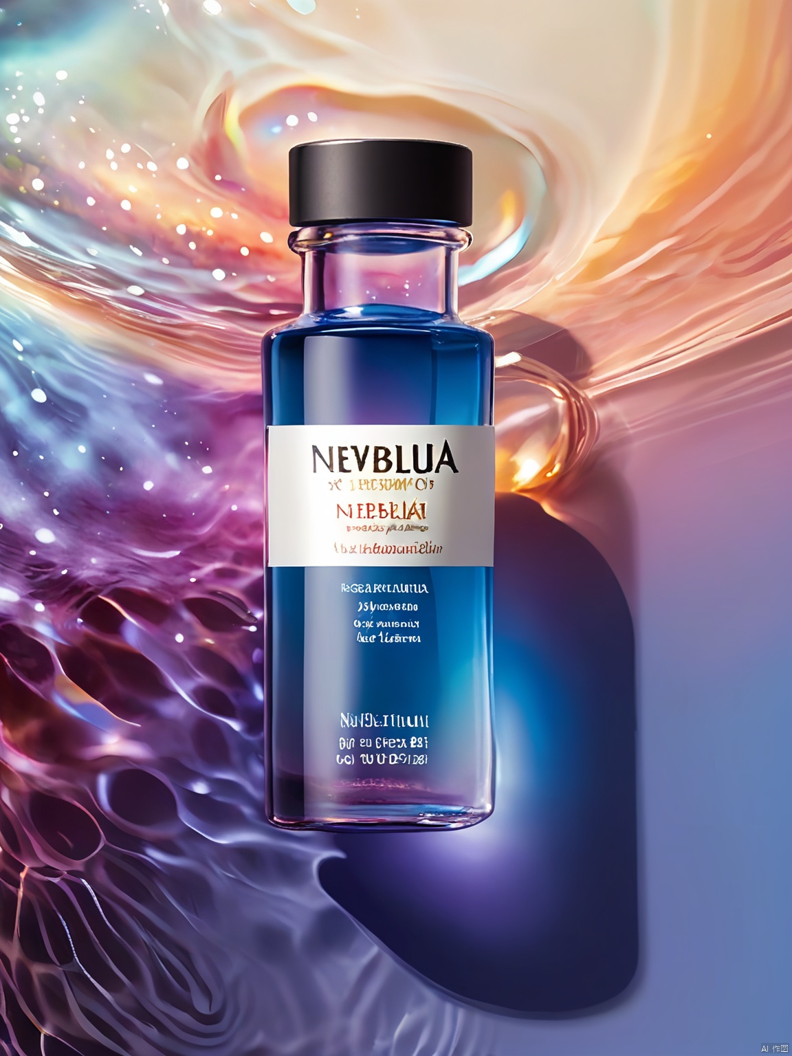 SZCJ,A vial of NEBULA elixir rests on a tranquil stretch of water,its glass body refracting light in mesmerizing patterns. The label,with its cosmic design and bilingual text (English and Romanian),evokes a sense of wonder. The water's realistic sheen adds to the vial's enchanting charm.,