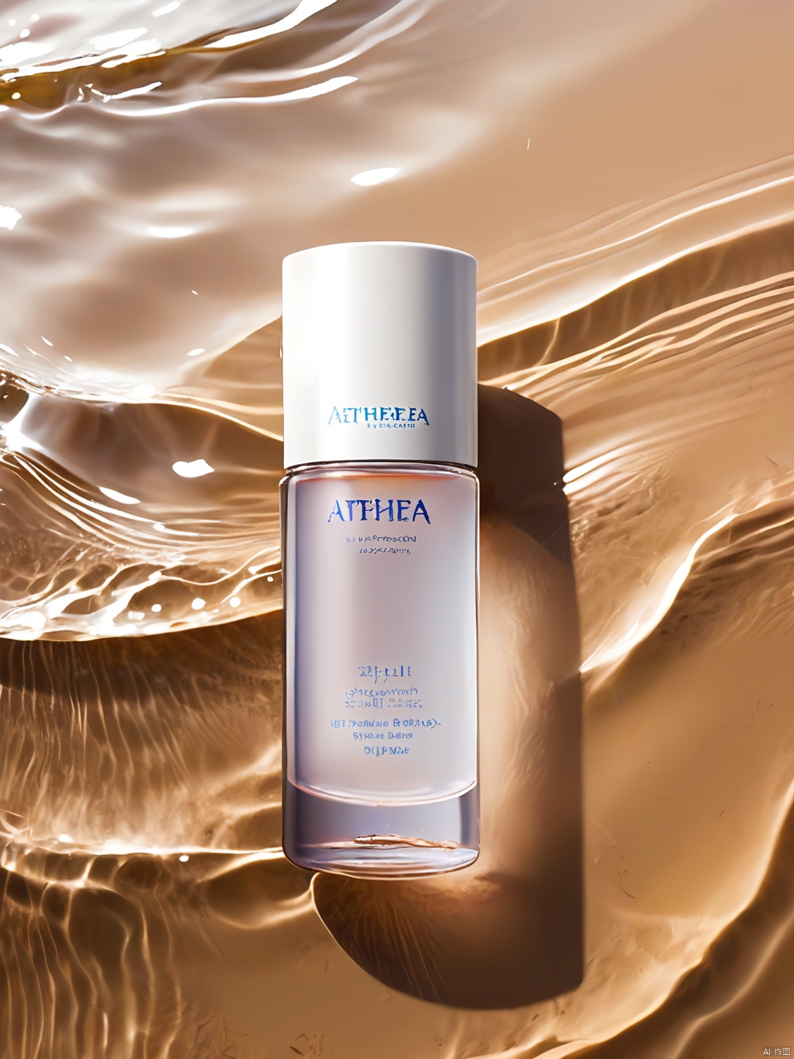 SZCJ,A vial of AETHEREA essence floats serenely on a bed of undulating waves,its glass body catching and refracting light in every direction. The label,with its elegant script and bilingual text (English and Lithuanian),promises an ethereal skin experience. The water's reflective quality amplifies the vial's charm.,