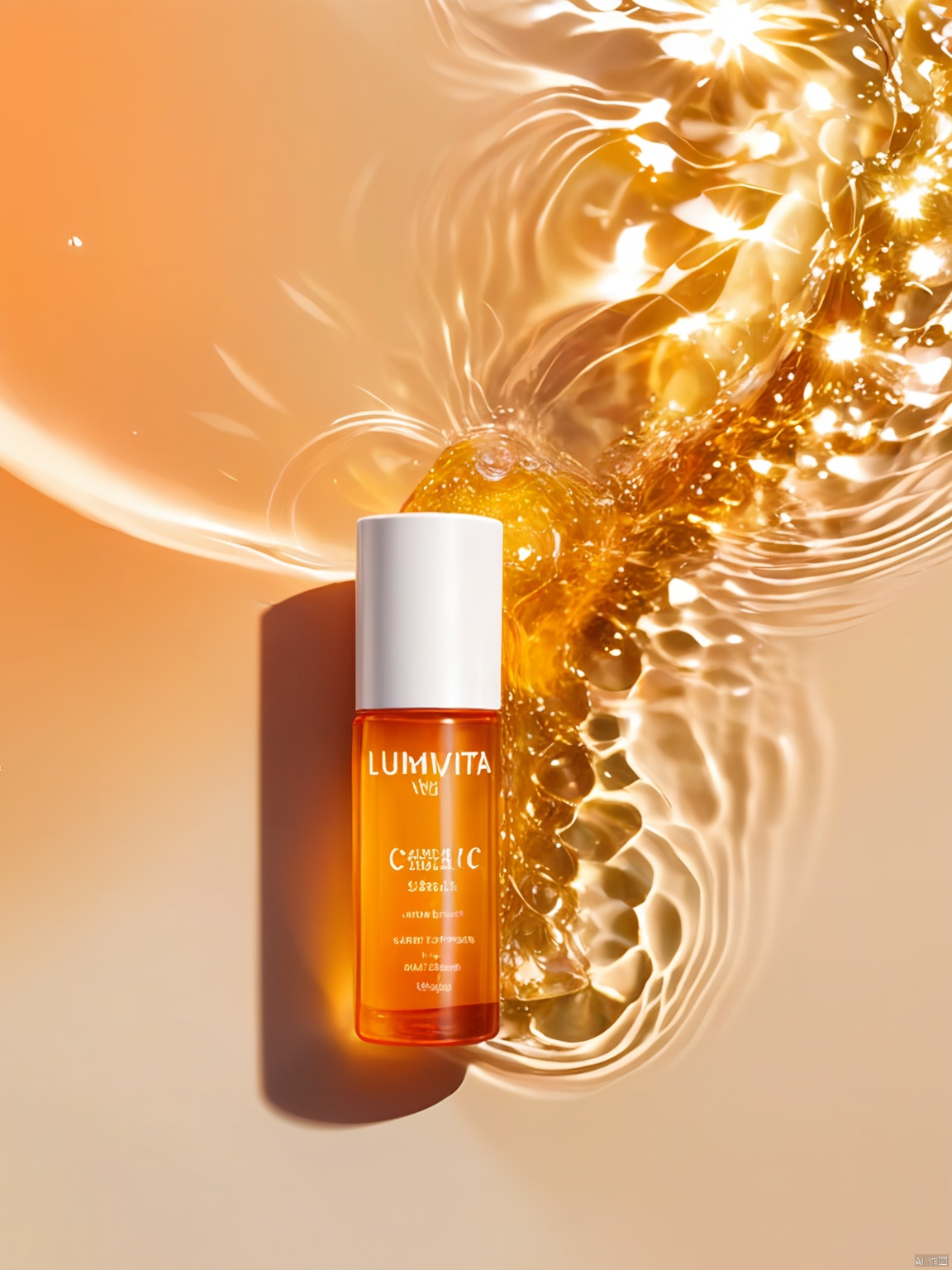 SZCJ,A vial of LUMIVITA vitamin C serum sparkles on waters kissed by sunlight,its amber glass protecting the delicate formula within. The label,with its minimalist design and text in English and Swedish,promises a radiant complexion. The water's sheen mirrors the vial's radiant glow.,