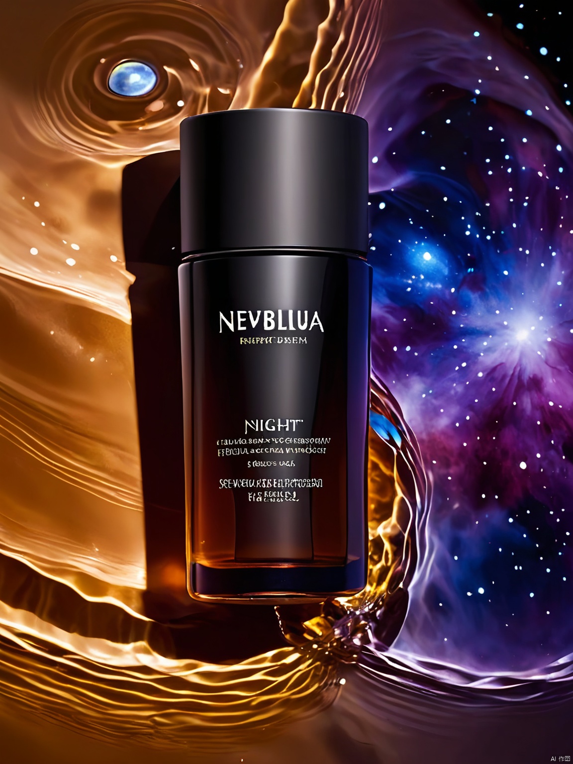 SZCJ,A flask of NEBULA night cream floats serenely on a liquid canvas,its dark glass body absorbing and reflecting light. The label,with its cosmic design and bilingual text (English and Russian),hints at the product's rejuvenating powers. The water beneath mimics the night sky's depth.,