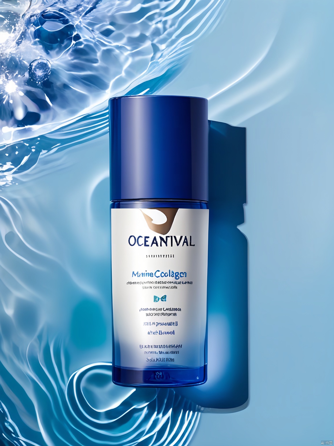 SZCJ,A bottle of OCEANVITAL marine collagen serum is perched on waters that mirror its own azure hues. The sleek design,with a wave-patterned cap and label in English and Norwegian,underscores its oceanic origins. The water's reflective surface amplifies the bottle's sophisticated design.,