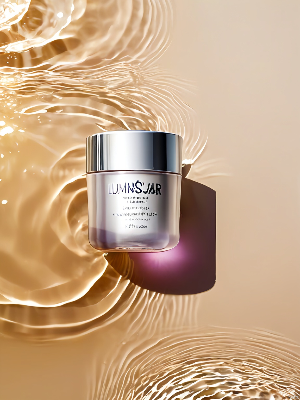 SZCJ,A jar of LUMINOUSAUR skin rejuvenating cream rests atop a serene water surface,its glass body shimmering against the liquid's gentle ripples. The jar sports a sleek silver lid and a transparent base revealing the creamy texture within. The label,in both French and Spanish,boasts of the product's anti-aging properties,standing out against the reflective water.,