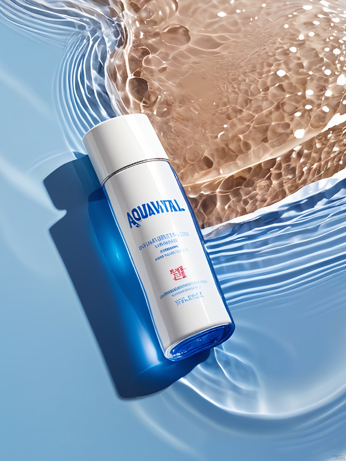 SZCJ,A flask of AQUAVITAL hydration spray sits perched on undulating waters,its transparent form capturing light in every curve. The minimalist design,with a blue cap and white lettering,highlights the product's purity. The bilingual label (English and Italian) extols its ability to rejuvenate skin instantly. The water beneath mirrors the flask's elegance.,