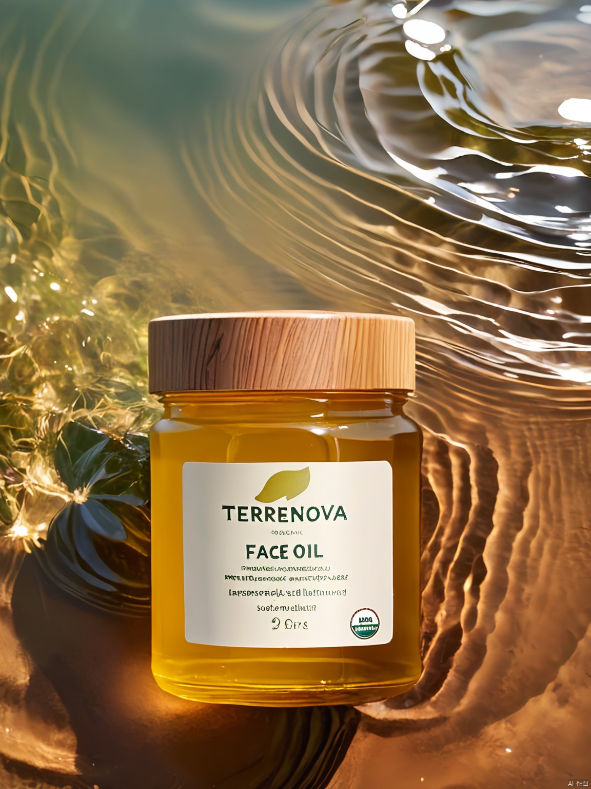 SZCJ,A jar of TERRENOVA organic face oil sits on a surface of rippling water,its wooden lid and earthy tones blending with nature. The label,in English and Danish,details the product's natural ingredients. The water's reflections embrace the jar's wholesome essence.,