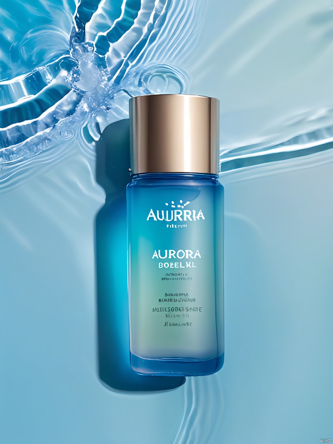 SZCJ,A flask of AURORA borealis moisturizer floats on a pool of water that seems to hum with life,its icy blue hue complementing the product's-inspired design. The bilingual label (English and Finnish) promises a cooling,refreshing experience. The water's shine enhances the flask's enchanting appeal,